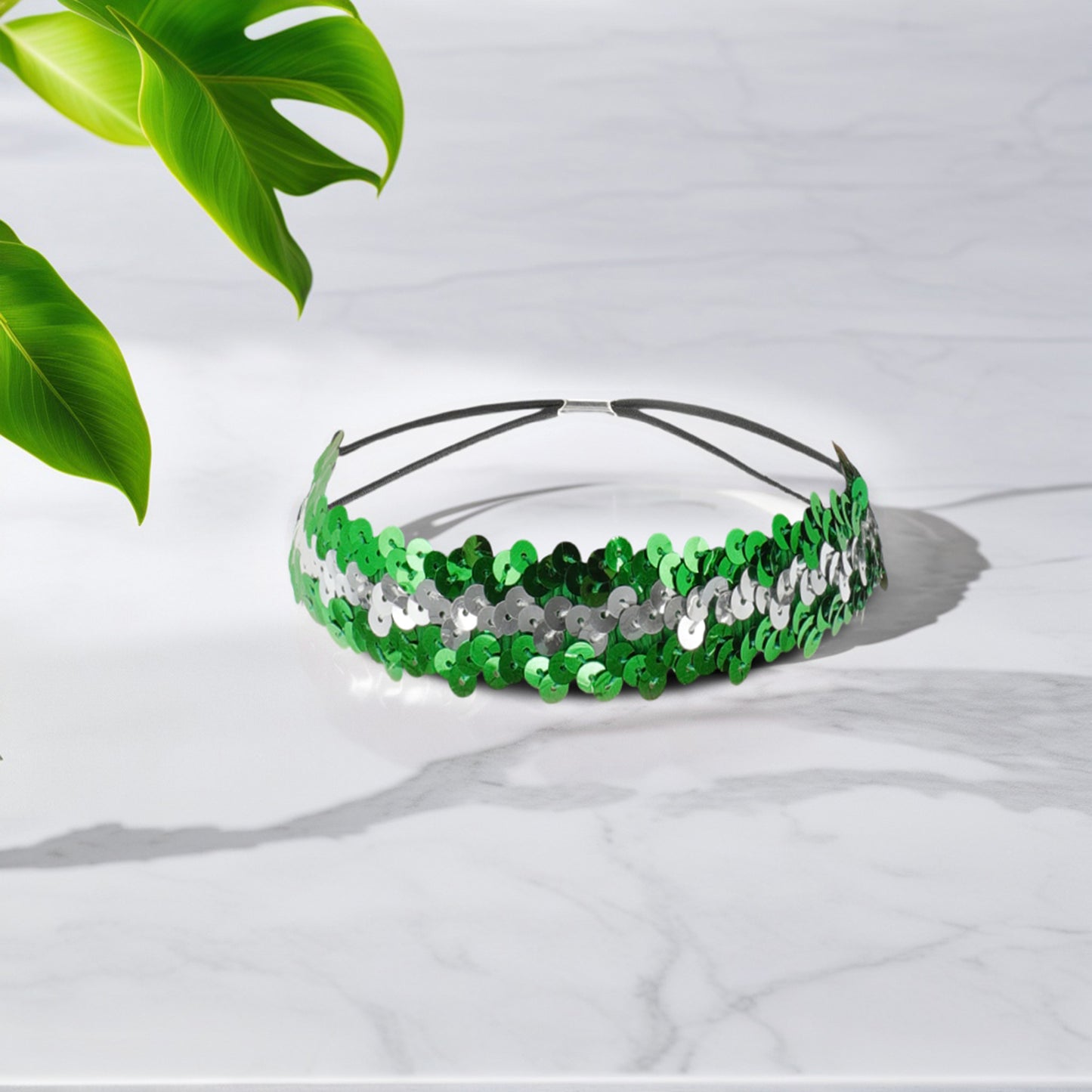 Diademas elásticas con lentejuelas para mujer, color verde y plateado, 1 unidad