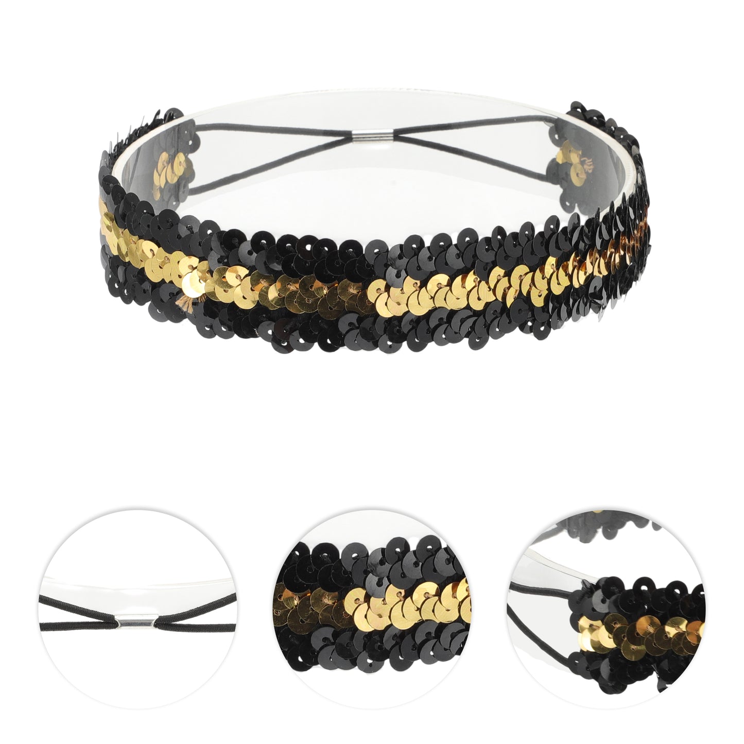 Diademas elásticas con lentejuelas para mujer, color negro y dorado, 1 unidad