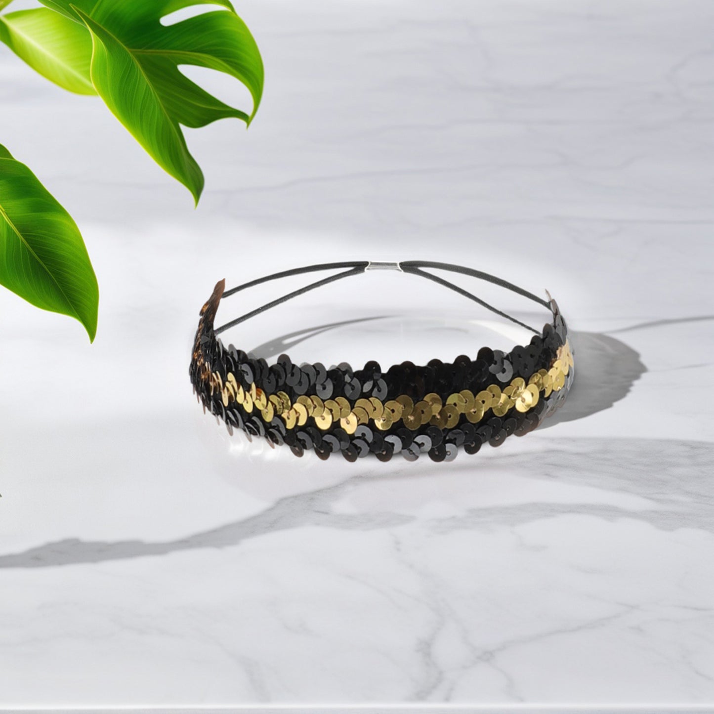 Elastic Band Sequins Headbands for Women Black Gold Tone 1 Pc