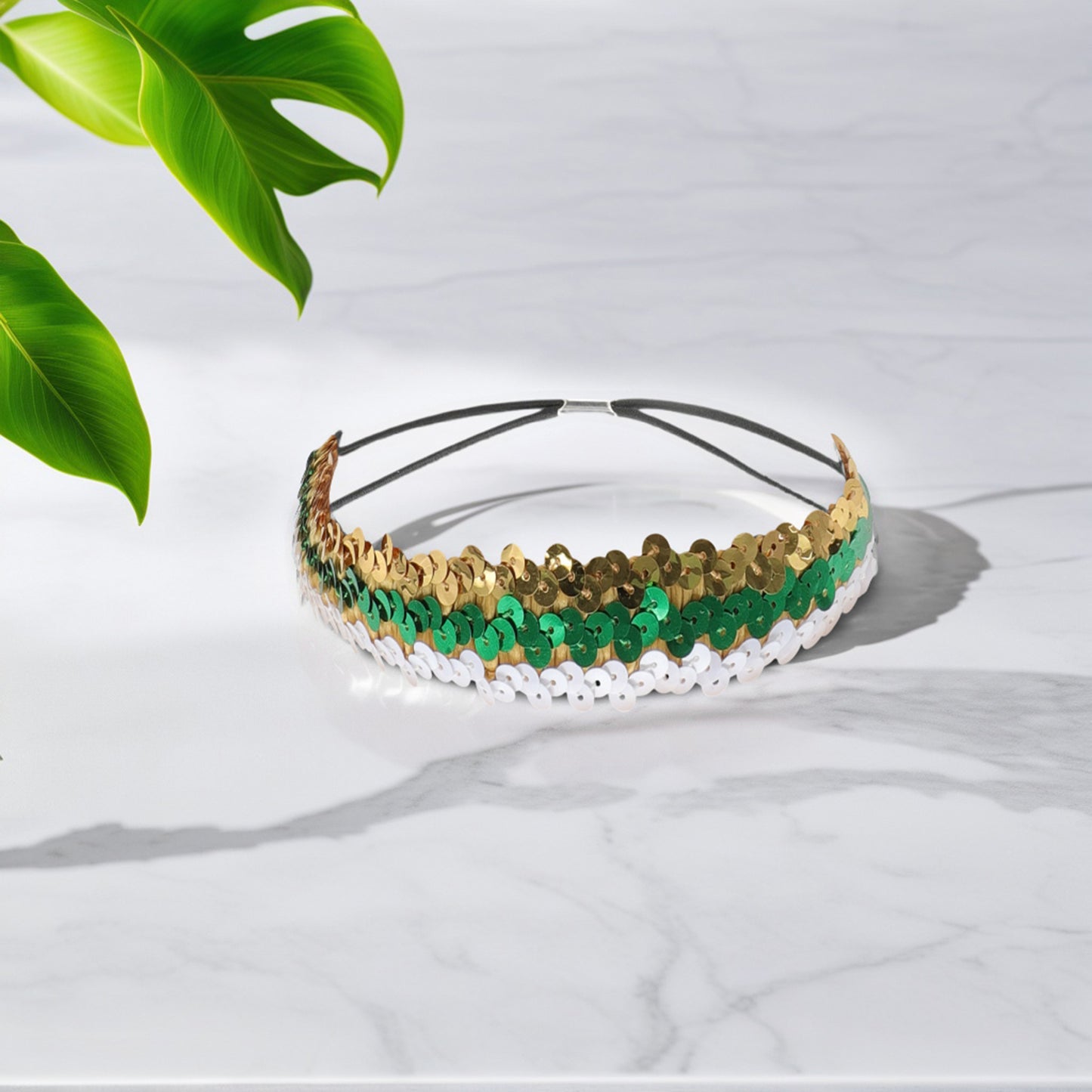 Elastic Band Sequins Headbands for Women Gold Tone White 1 Pc