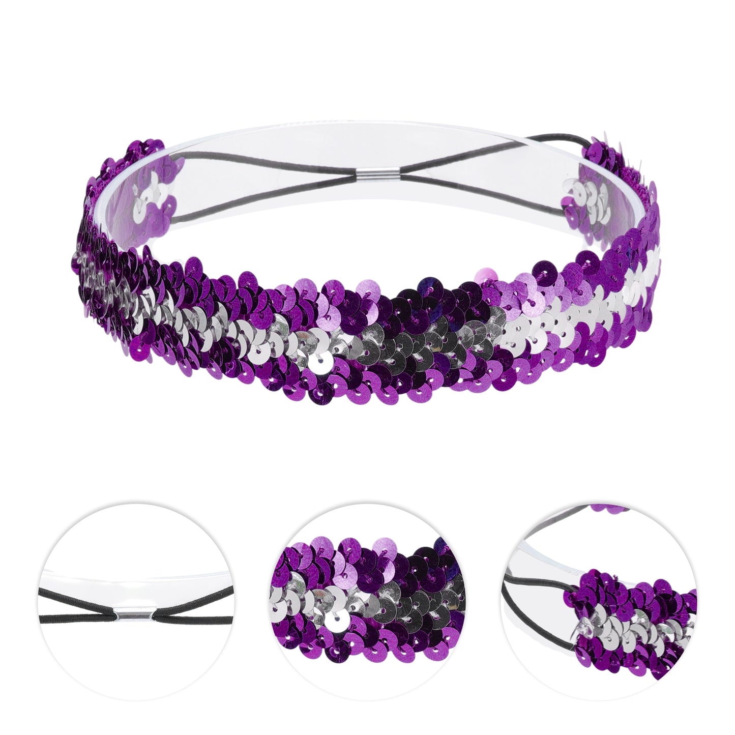 Diademas elásticas con lentejuelas para mujer, color morado y plateado, 1 unidad