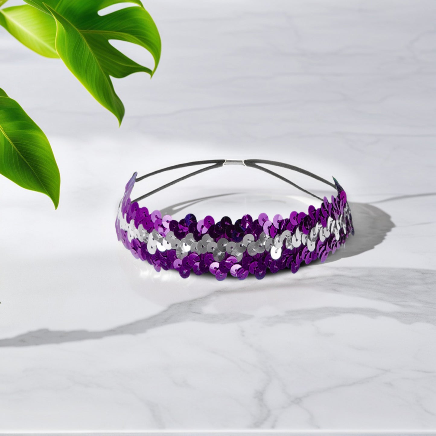 Diademas elásticas con lentejuelas para mujer, color morado y plateado, 1 unidad