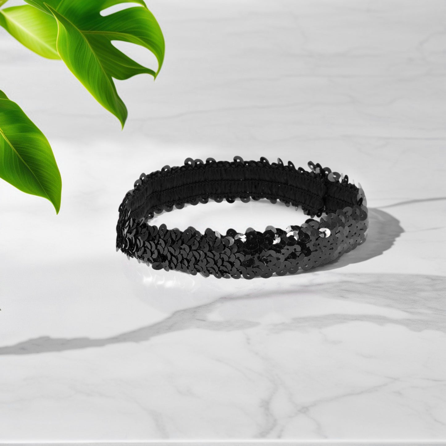 Diademas elásticas con lentejuelas para mujer, color negro, 1 unidad