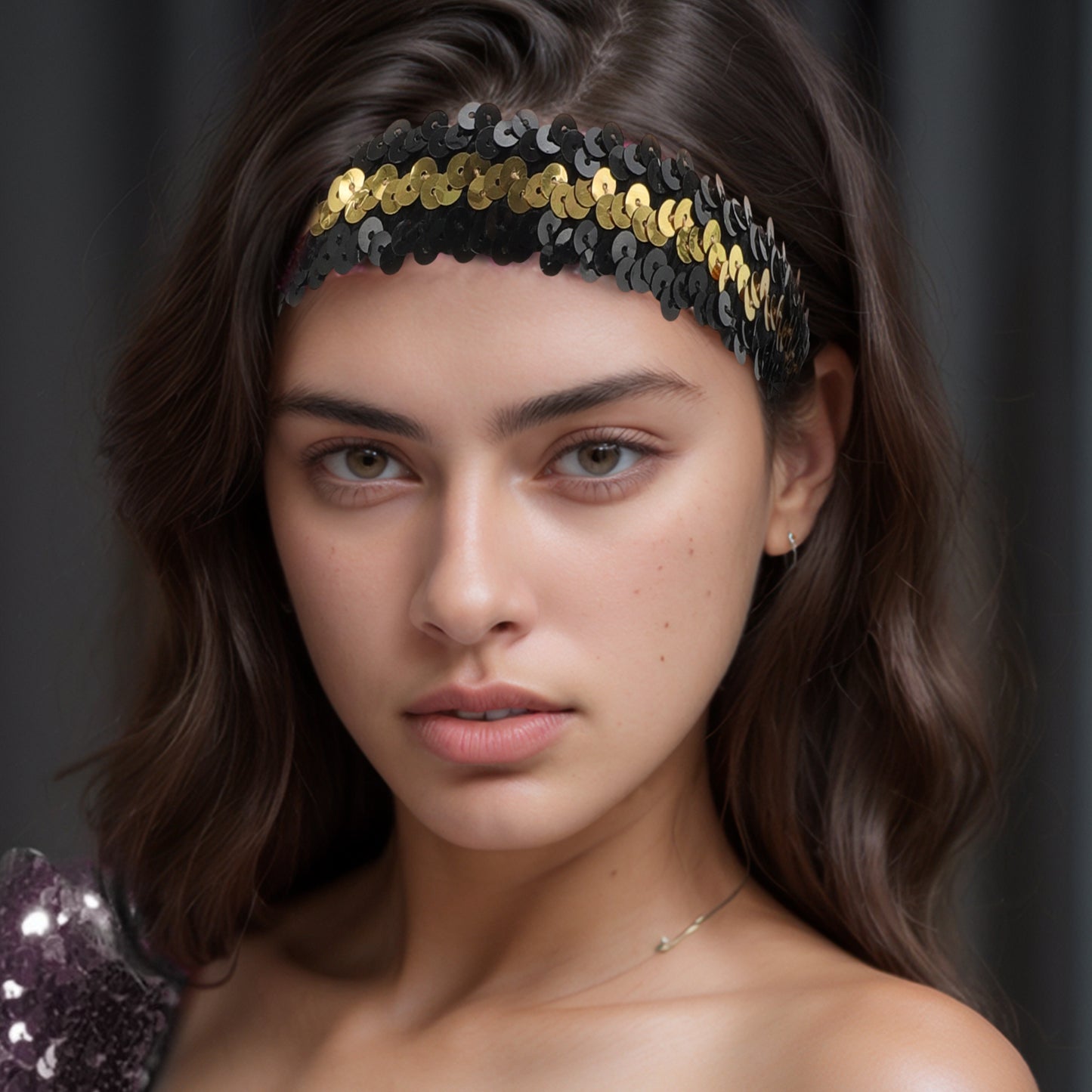 Diademas elásticas con lentejuelas para mujer, tono dorado y negro, 1 unidad