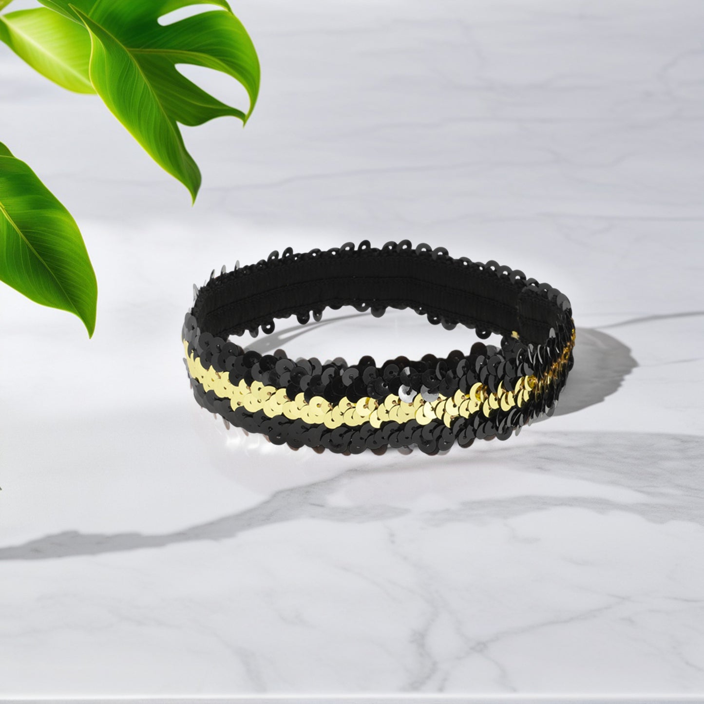 Diademas elásticas con lentejuelas para mujer, tono dorado y negro, 1 unidad