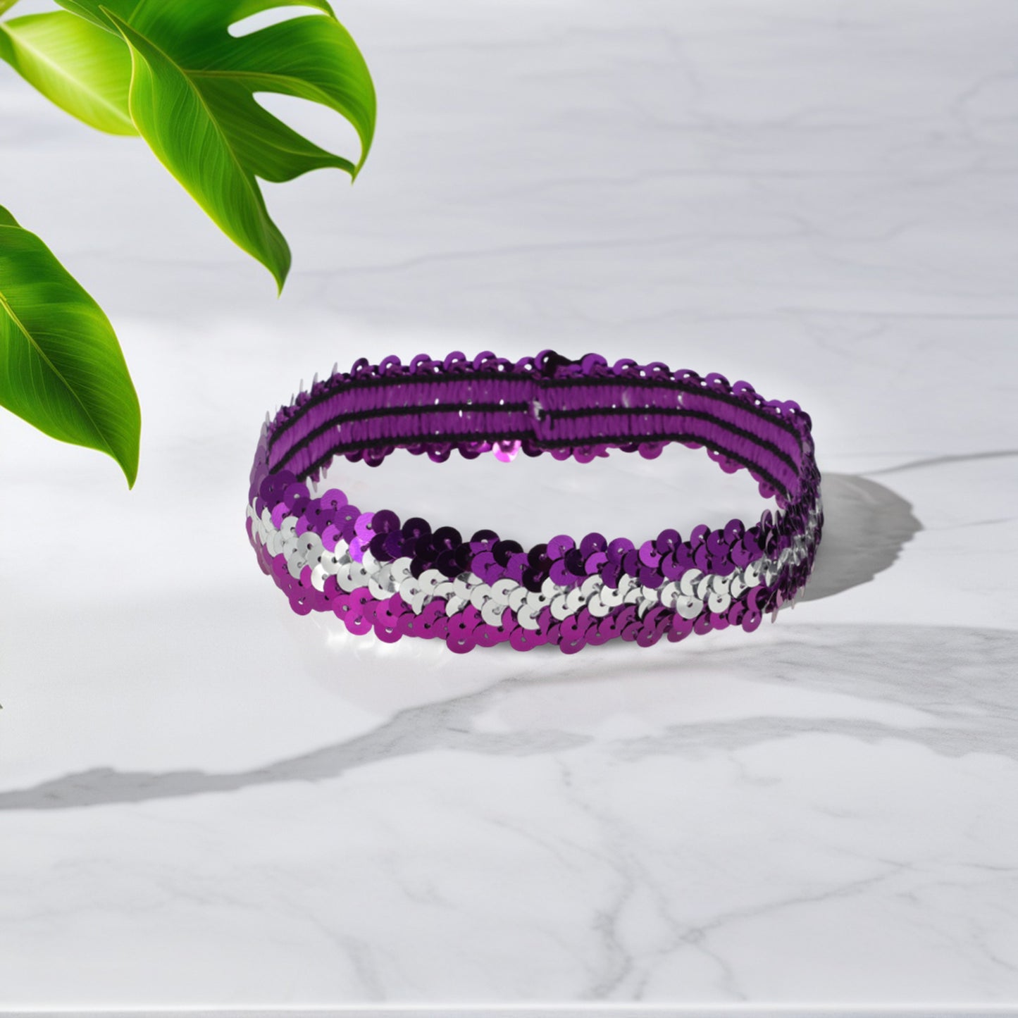 Diademas elásticas con lentejuelas para mujer, color morado y plateado, 1 unidad