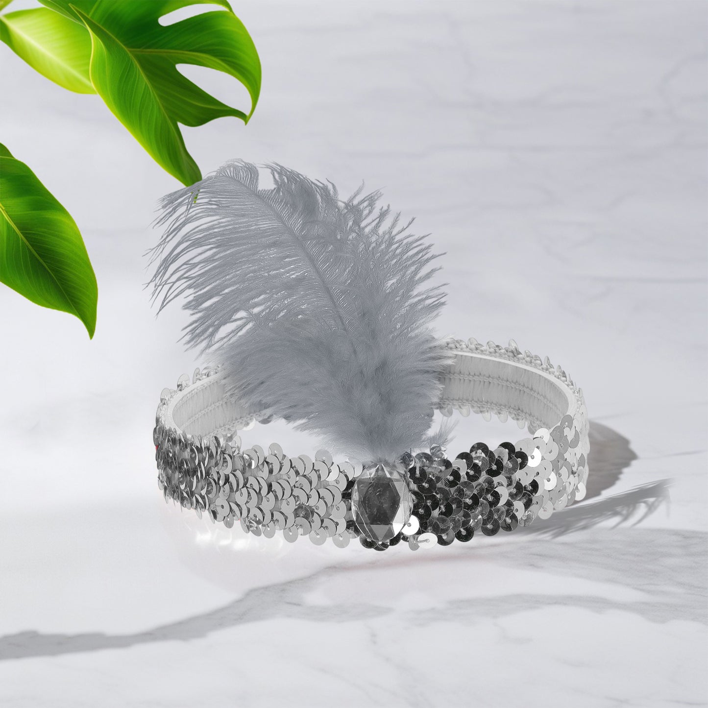 Diademas de lentejuelas con diamantes de imitación y plumas para mujer, color gris, 1 unidad