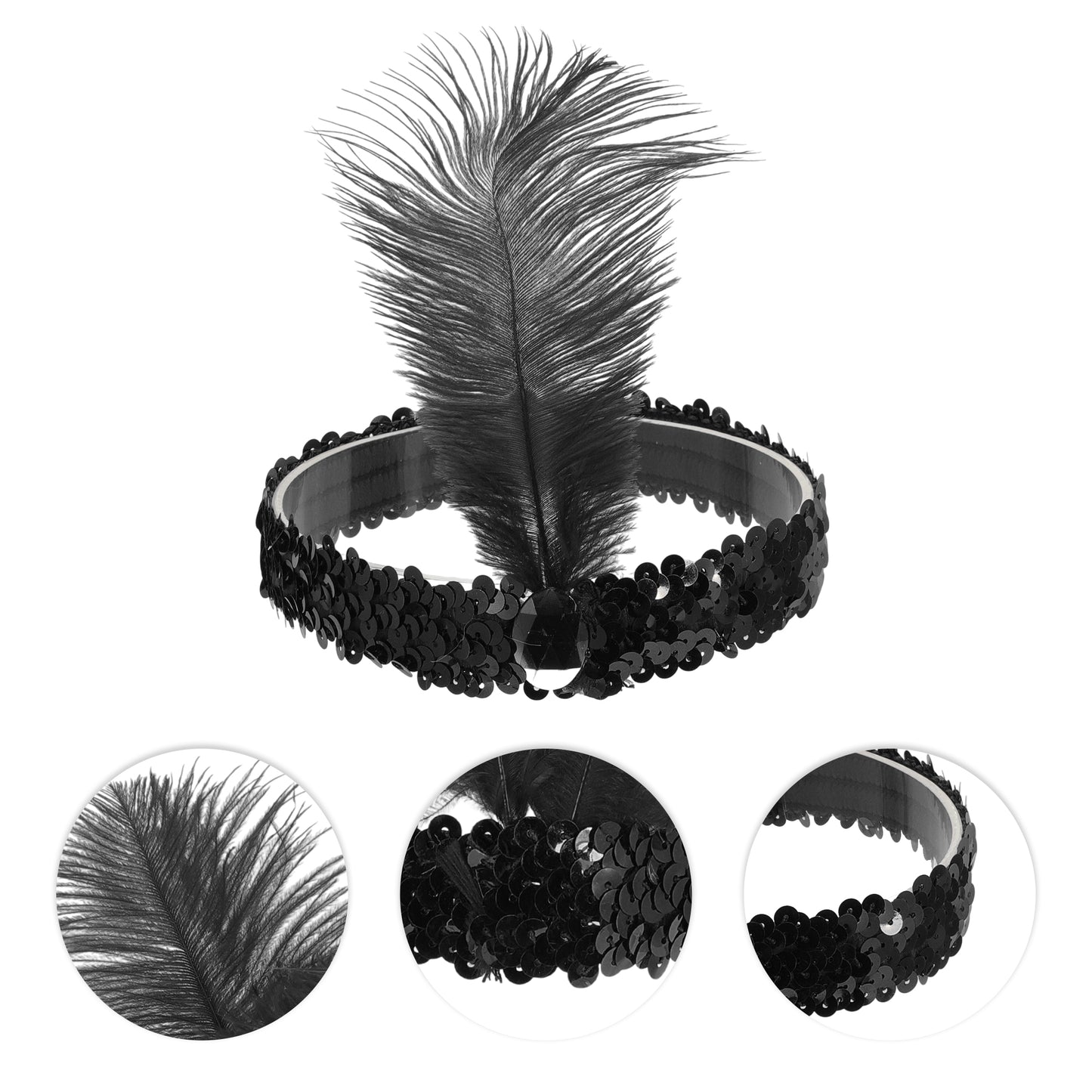 Sequins Faux Diamond Headbands with Feathers for Women Black 1 Pc