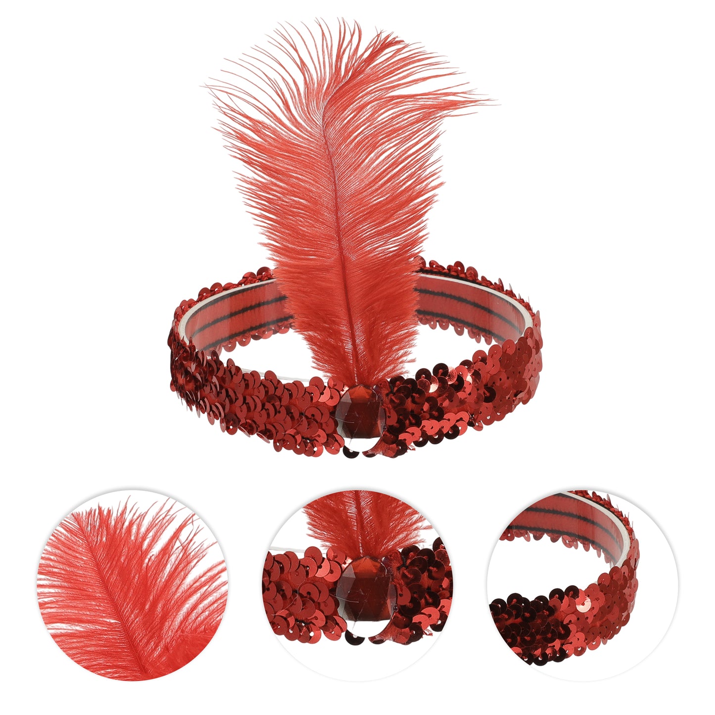 Sequins Faux Diamond Headbands with Feathers for Women Red 1 Pc
