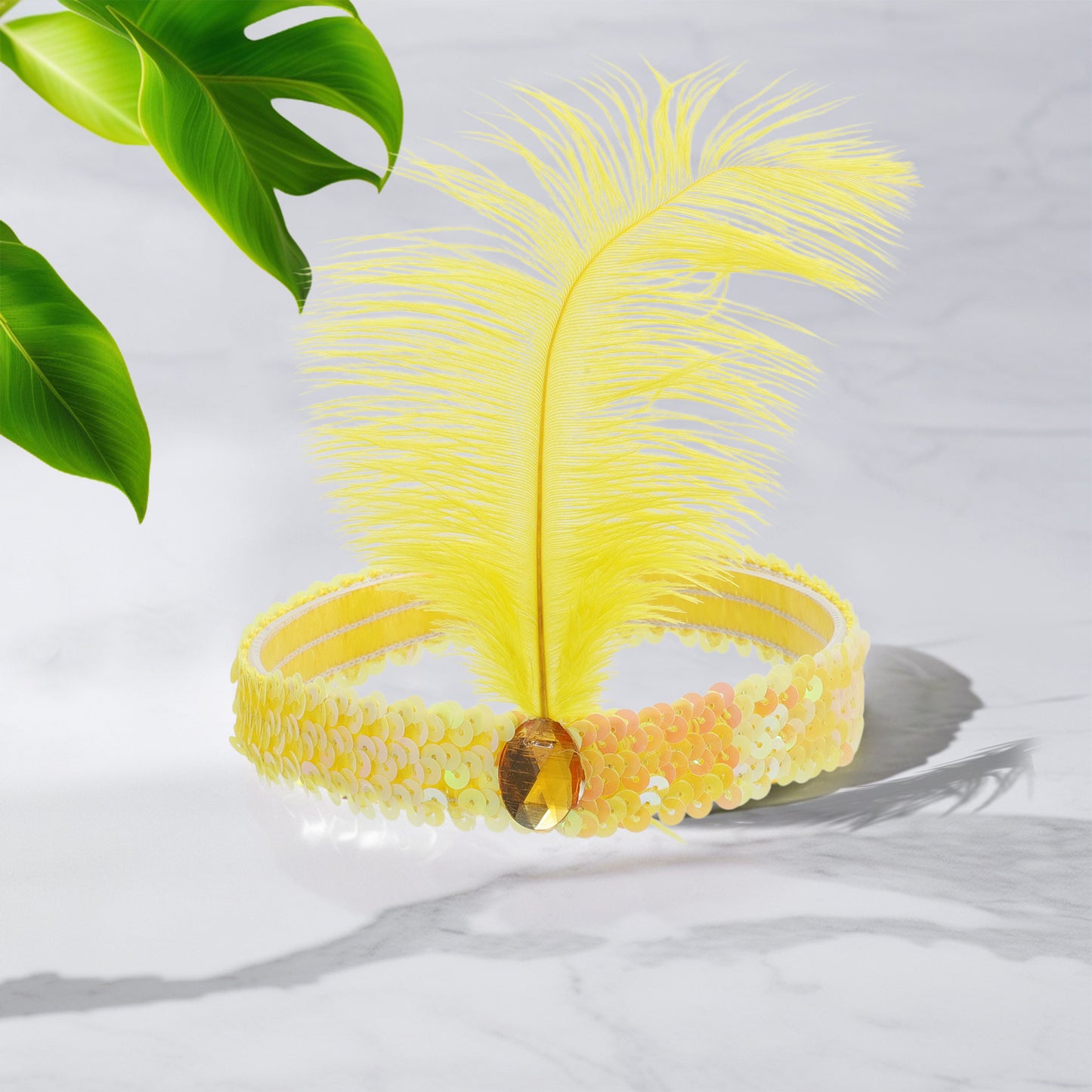 Diademas de lentejuelas con diamantes de imitación y plumas para mujer, color amarillo, 1 unidad