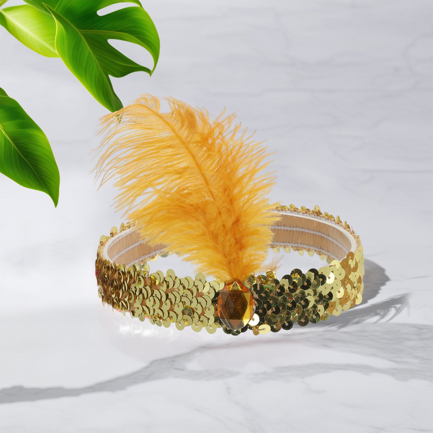 Diademas de lentejuelas con diamantes de imitación y plumas para mujer, tono dorado, 1 pieza