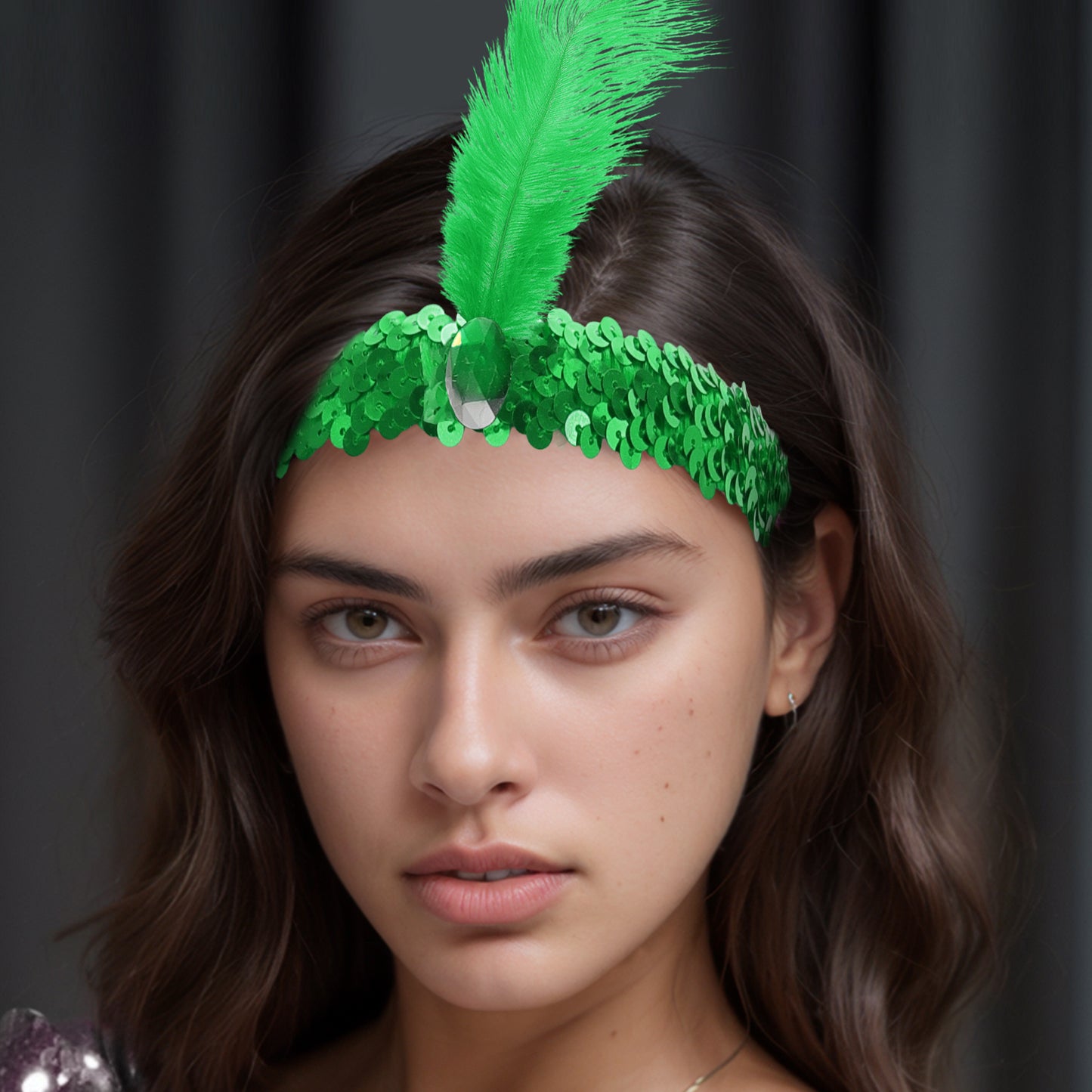 Sequins Faux Diamond Headbands with Feathers for Women Green 1 Pc