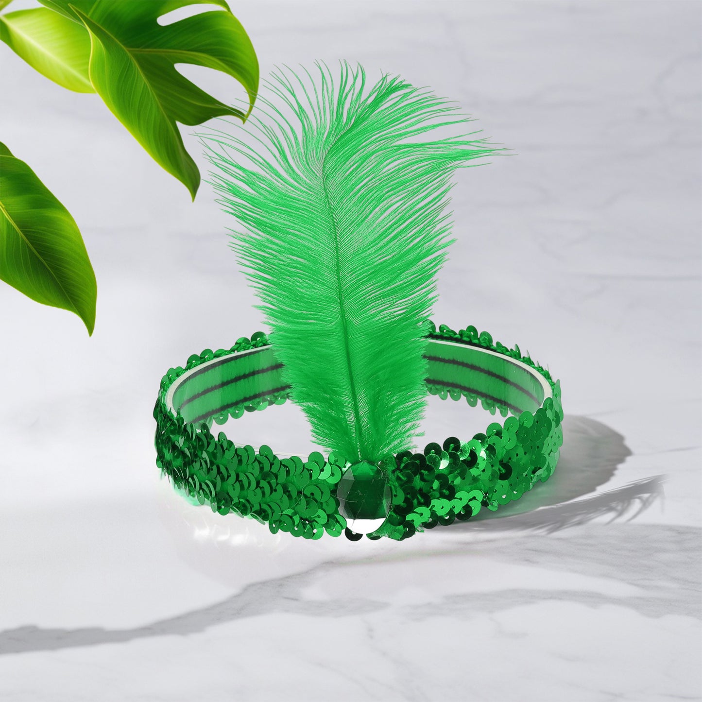 Diademas de lentejuelas con diamantes de imitación y plumas para mujer, color verde, 1 unidad