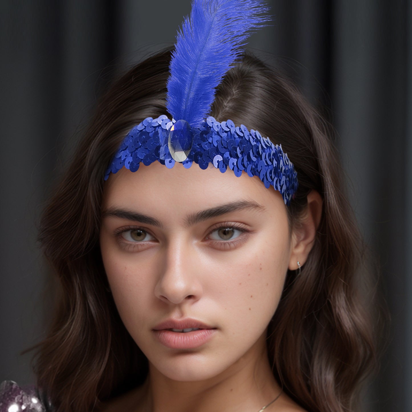 Sequins Faux Diamond Headbands with Feathers for Women Blue 1 Pc