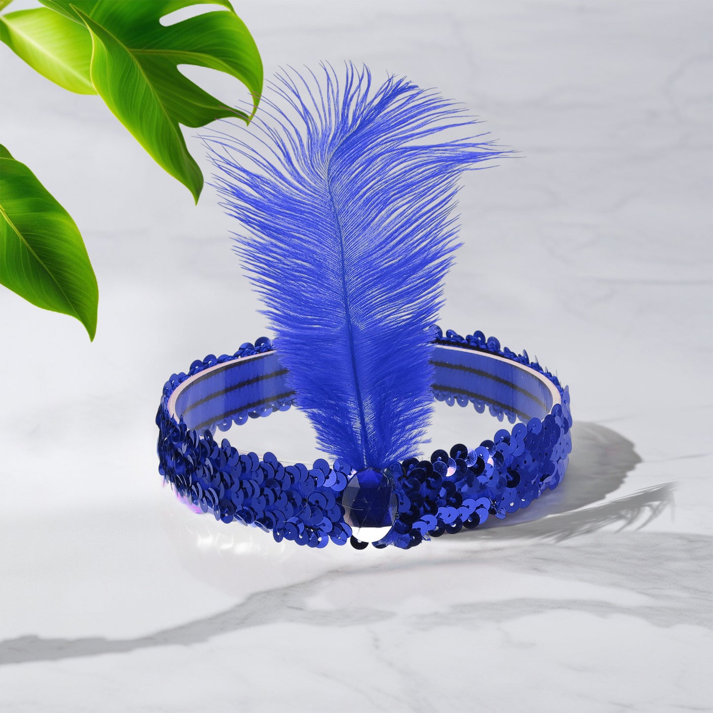 Diademas de lentejuelas con diamantes de imitación y plumas para mujer, color azul, 1 unidad