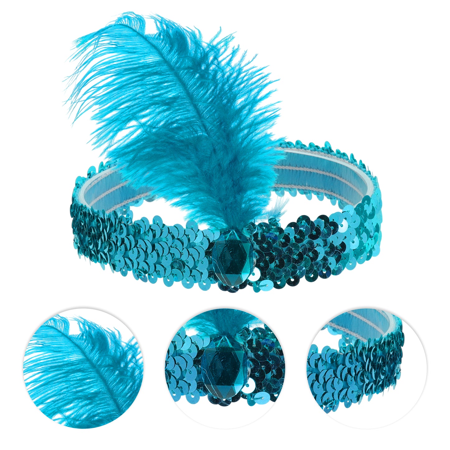 Sequins Faux Diamond Headbands with Feathers for Women Lake Blue 1 Pc