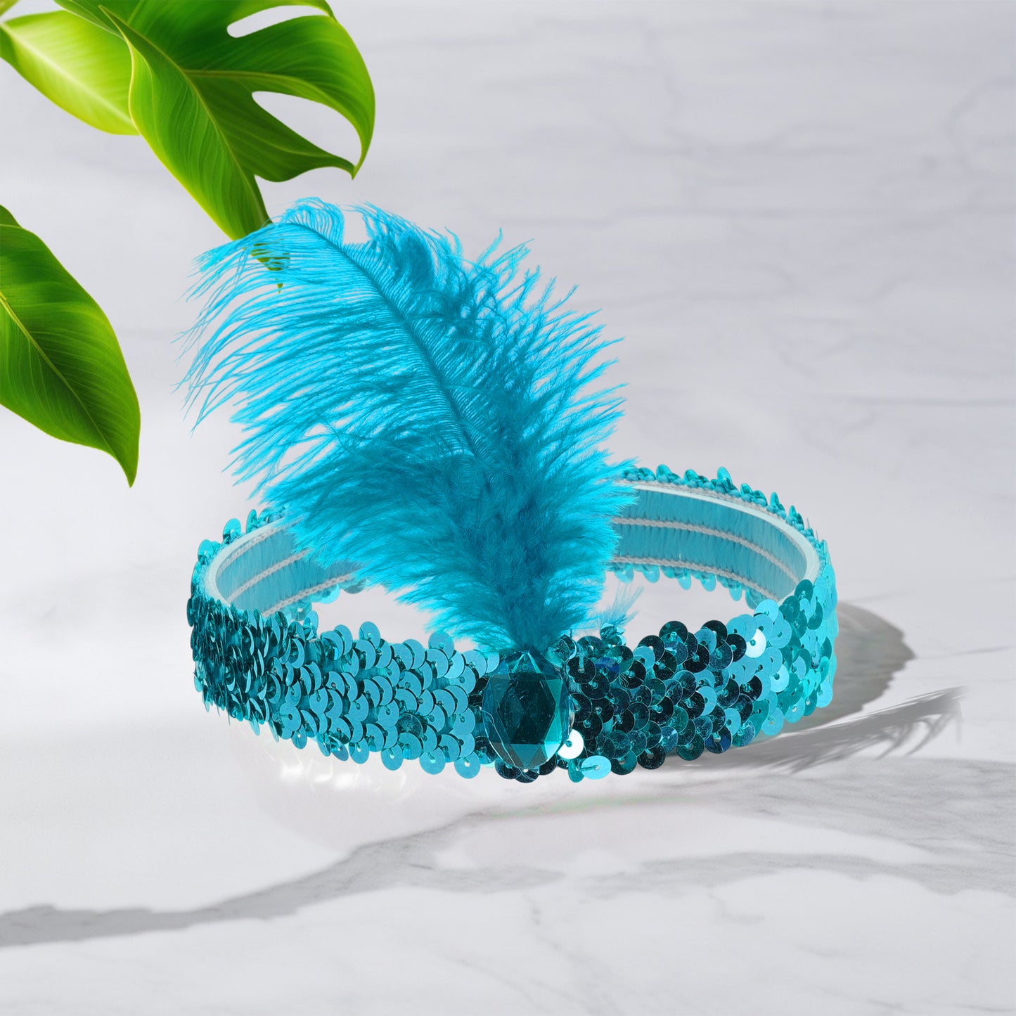 Diademas de lentejuelas con diamantes de imitación y plumas para mujer, color azul lago, 1 unidad