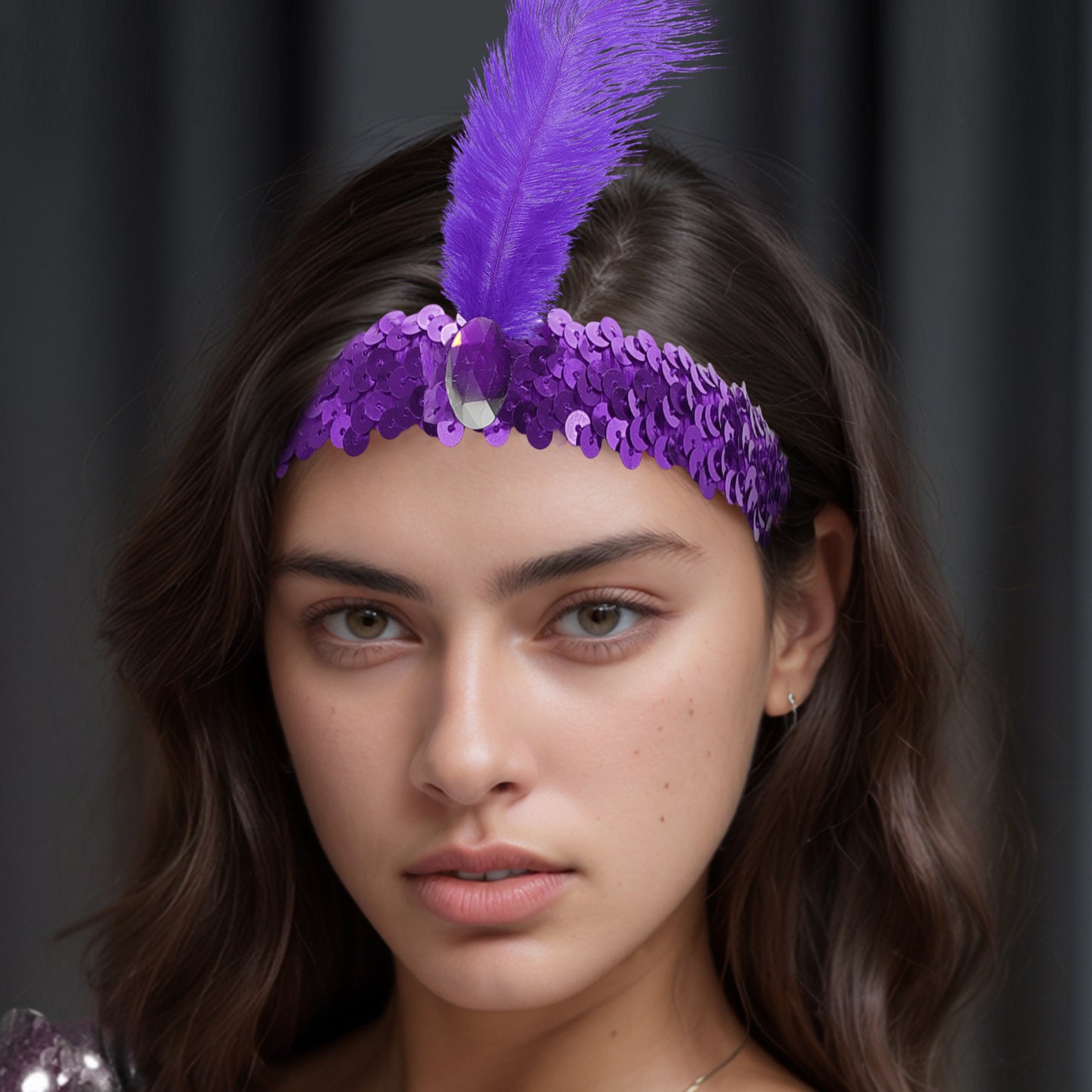 Diademas de lentejuelas con diamantes de imitación y plumas para mujer, color morado oscuro, 1 unidad