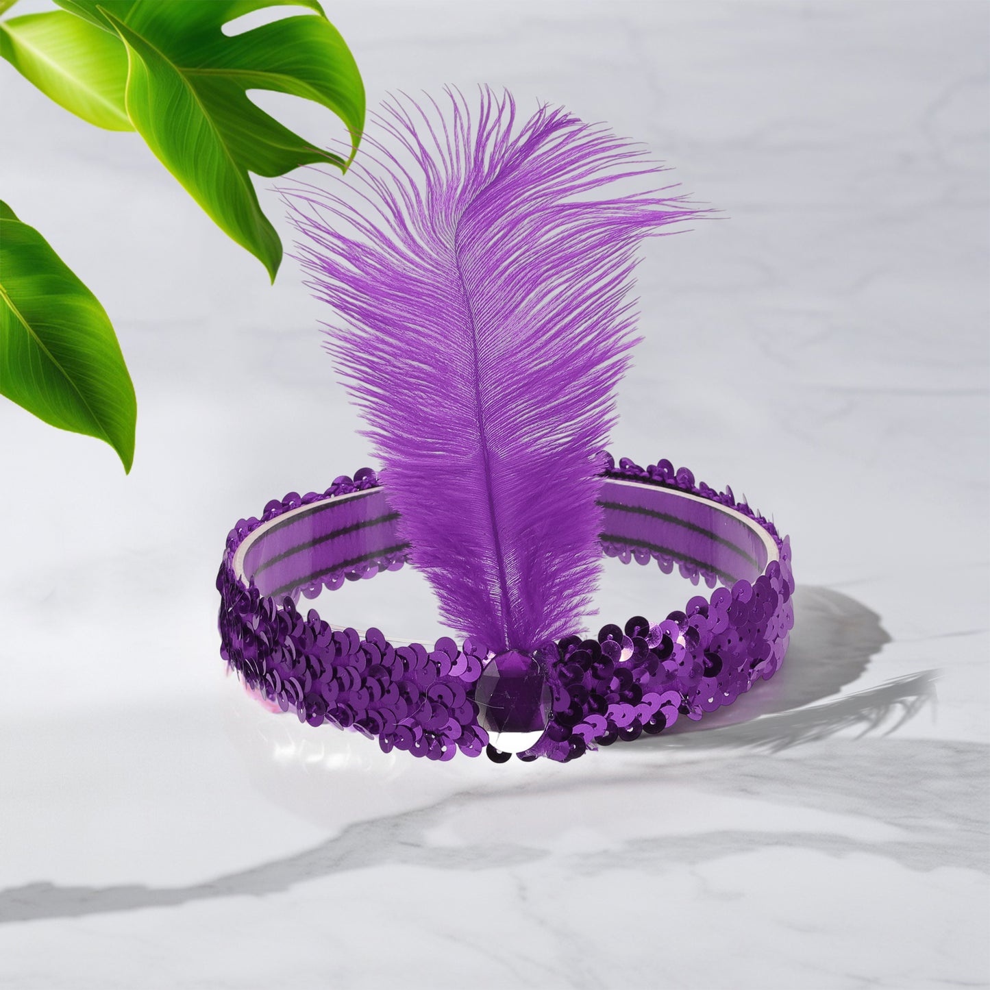 Diademas de lentejuelas con diamantes de imitación y plumas para mujer, color morado oscuro, 1 unidad