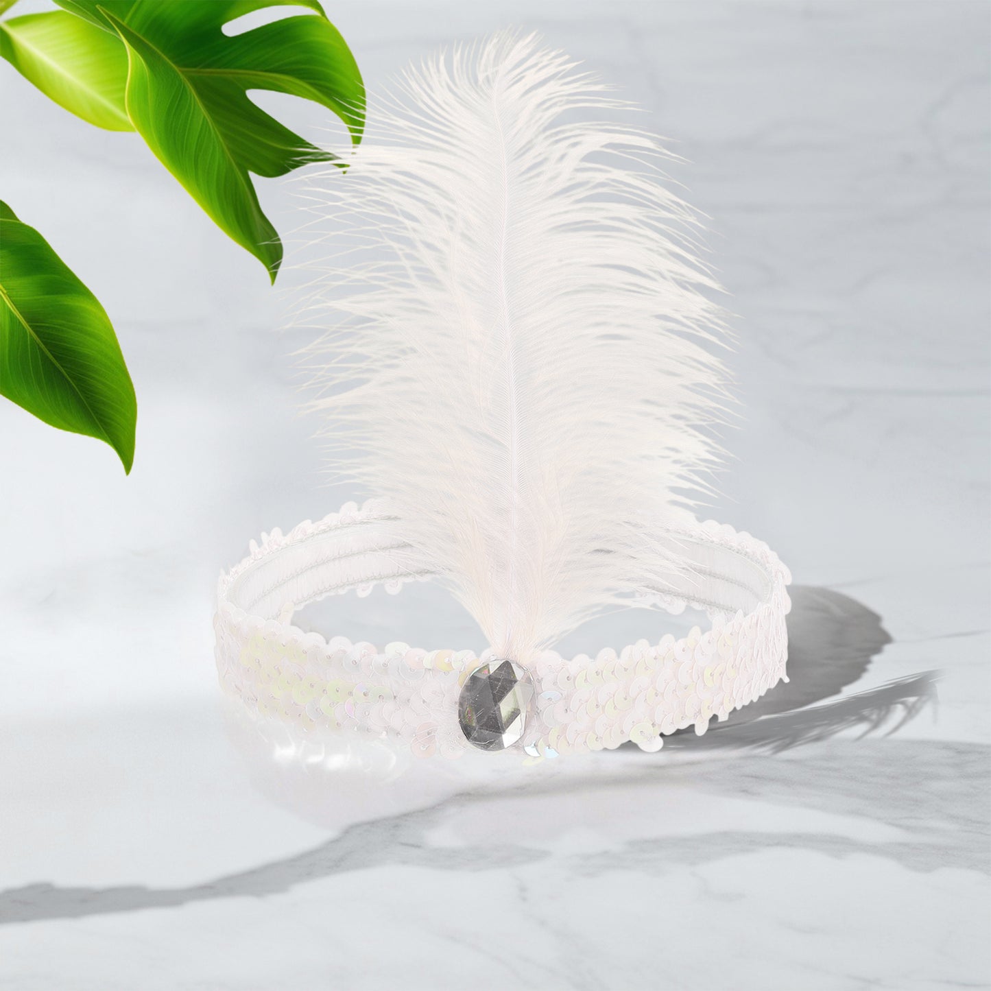 Sequins Faux Diamond Headbands with Feathers for Women White 1 Pc