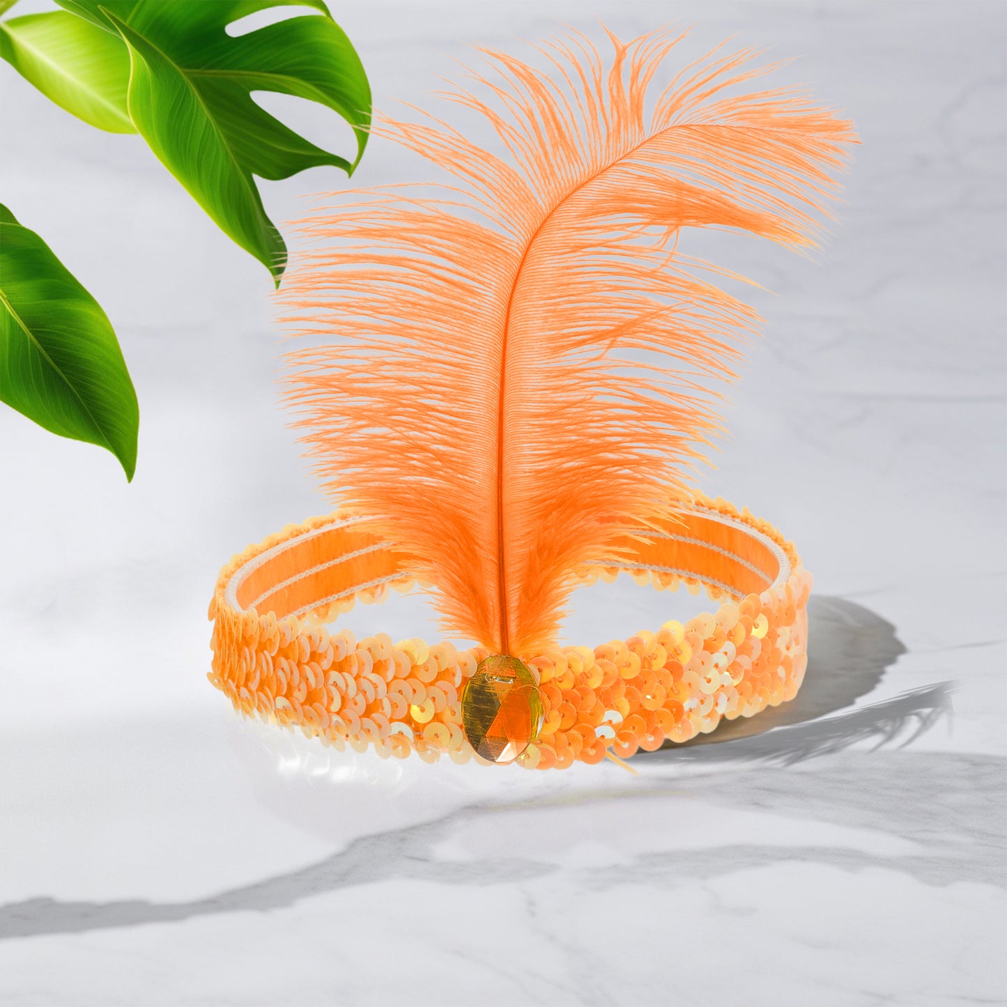 Sequins Faux Diamond Headbands with Feathers for Women Orange 1 Pc