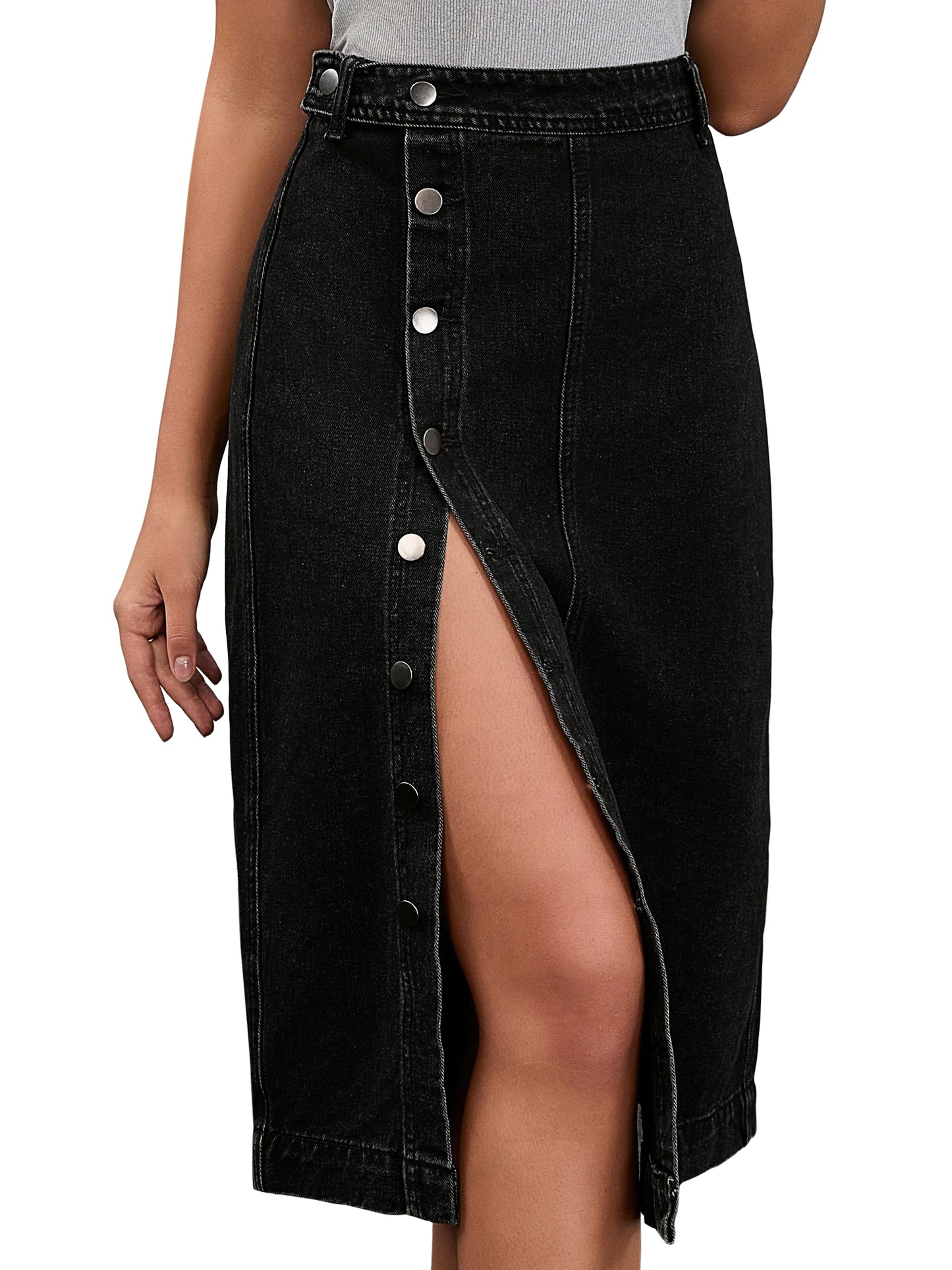 Women High Waisted Button Up Casual Slit Denim Midi Skirt