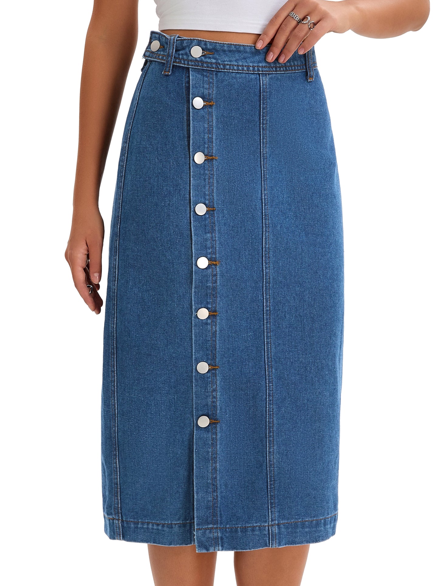 Women High Waisted Button Up Casual Slit Denim Midi Skirt