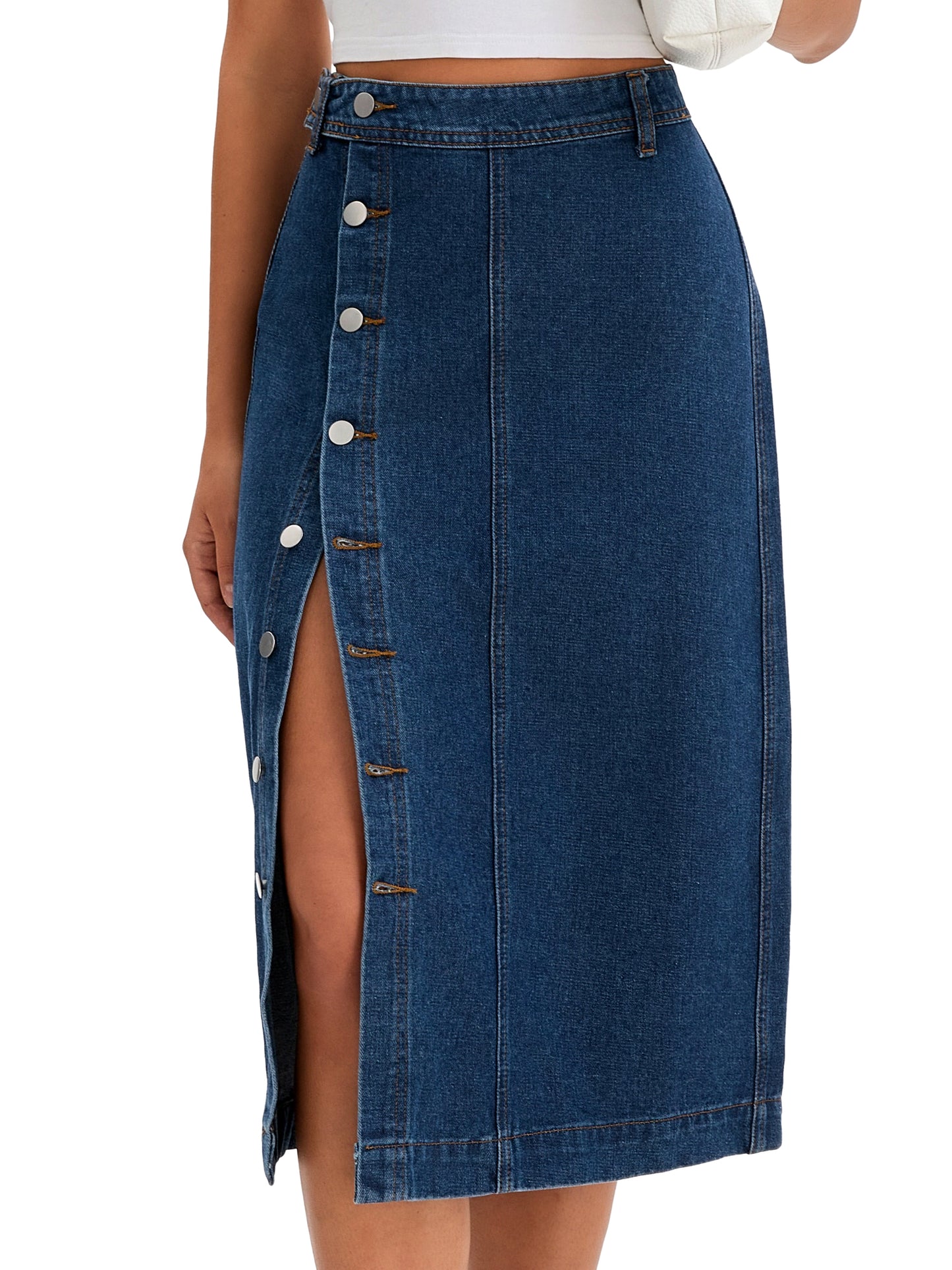 Women High Waisted Button Up Casual Slit Denim Midi Skirt