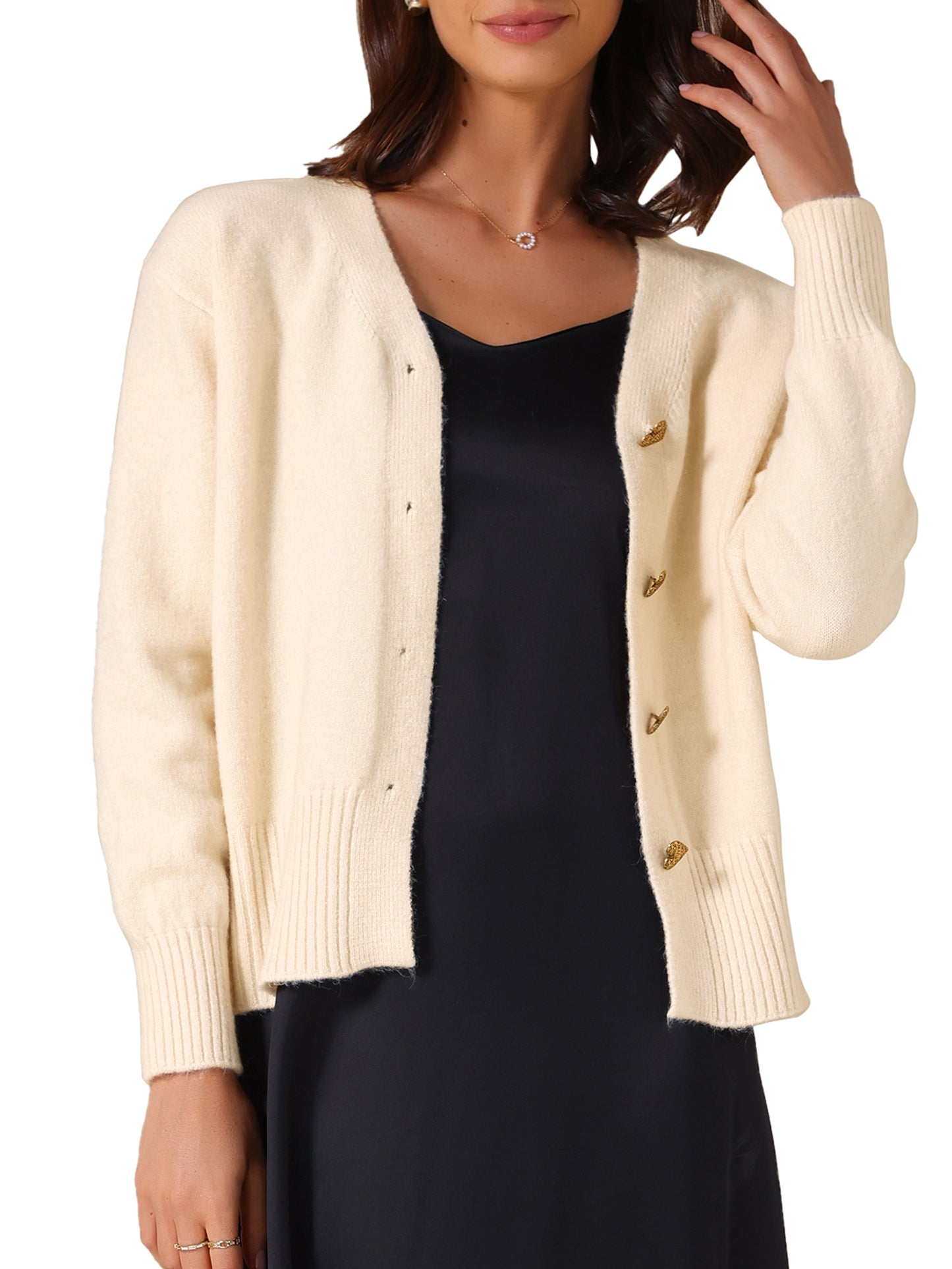 Suéter tipo cárdigan de punto de manga larga con botones y abertura frontal para mujer