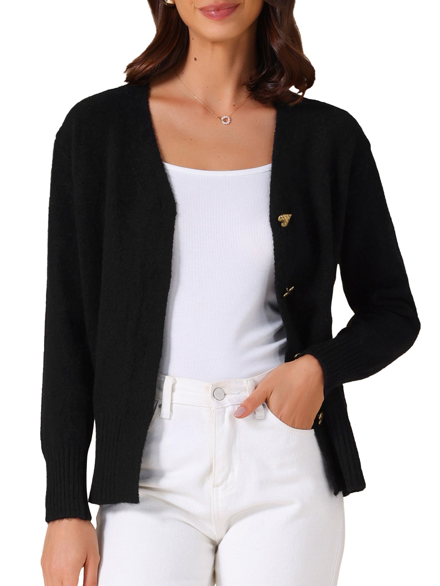 Suéter tipo cárdigan de punto de manga larga con botones y abertura frontal para mujer