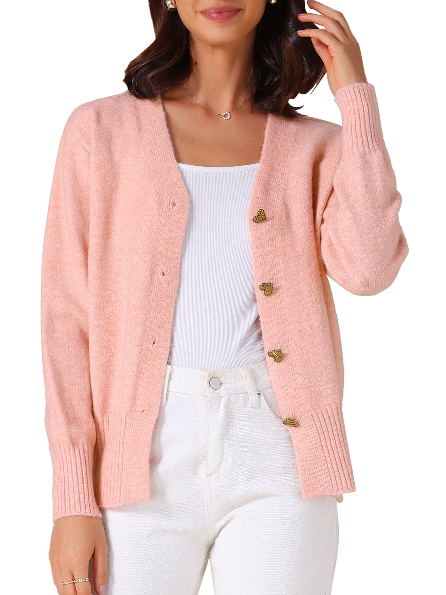 Suéter tipo cárdigan de punto de manga larga con botones y abertura frontal para mujer