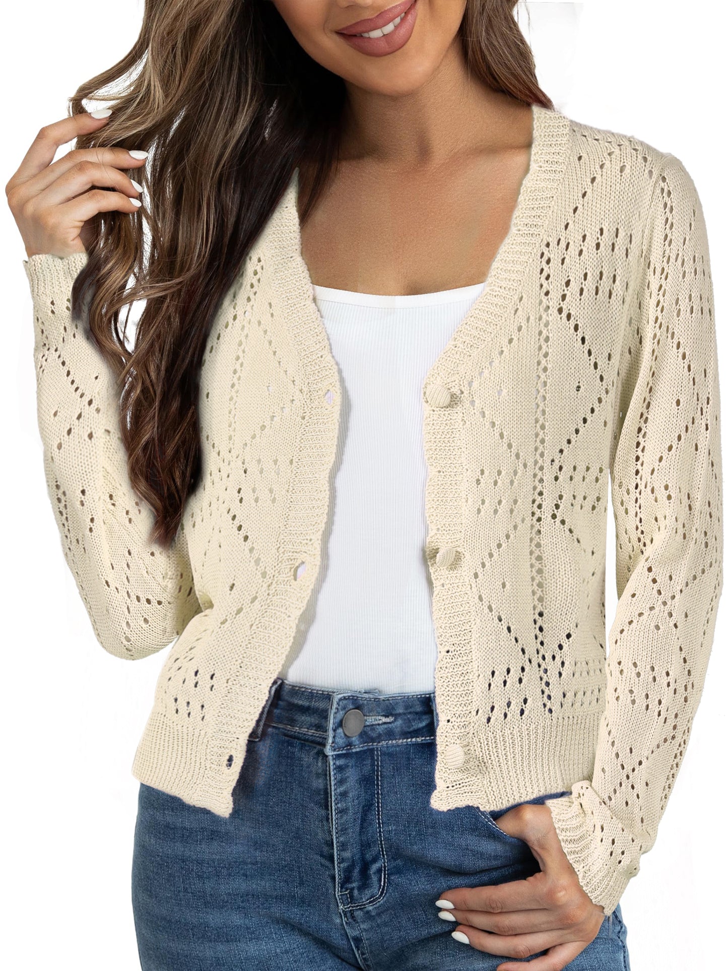 Women's Long Sleeve Button Down Knit Sweater Hollow Out V Neck Cropped Cardigans