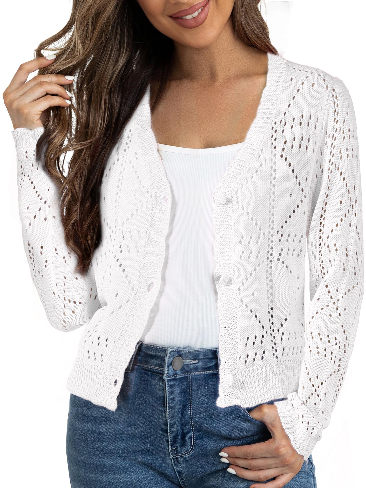 Suéter de punto de manga larga con botones y cuello en V calado para mujer