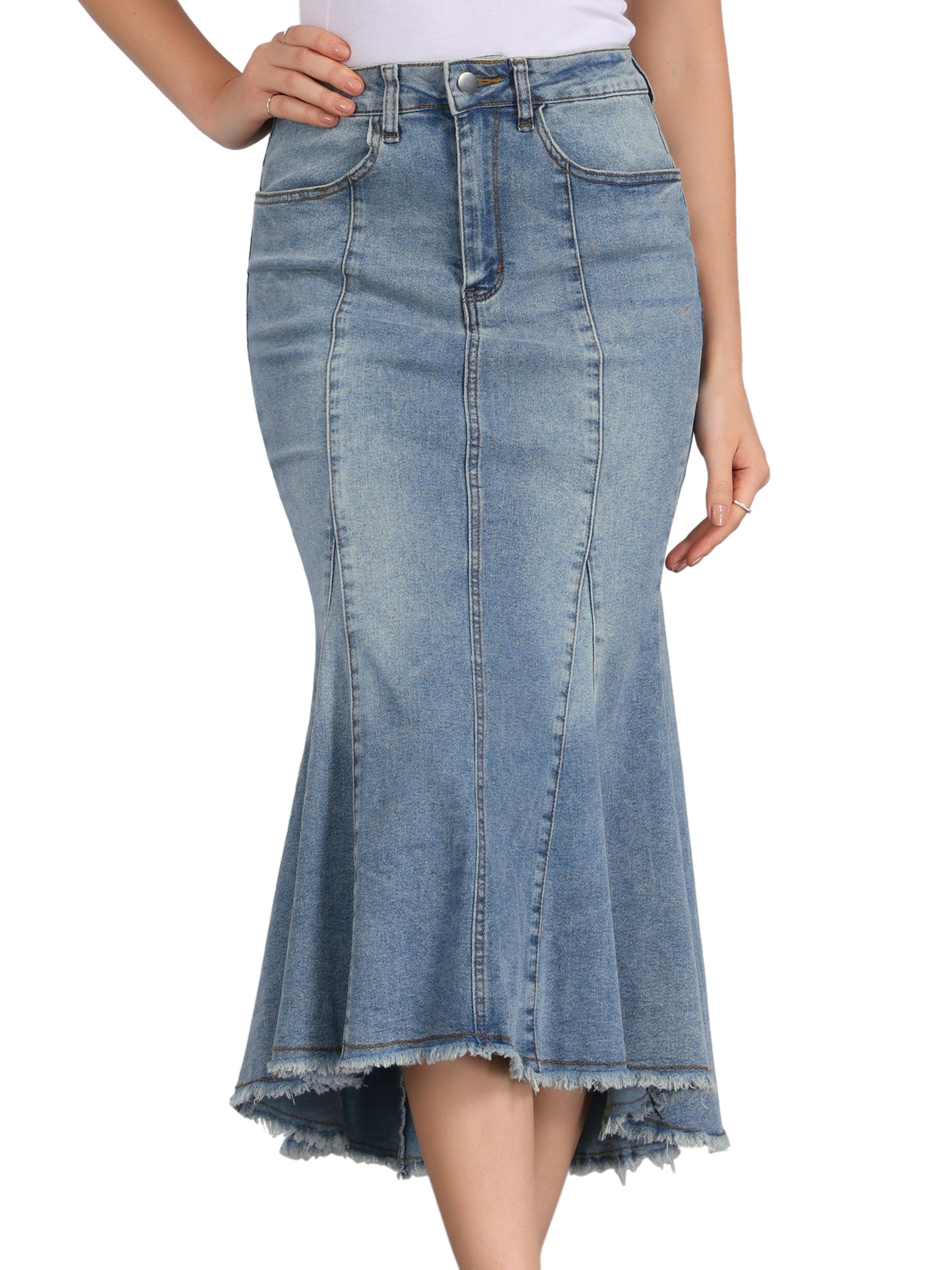Women's High Waist Raw Hem Midi Washed Fishtail Denim Skirt