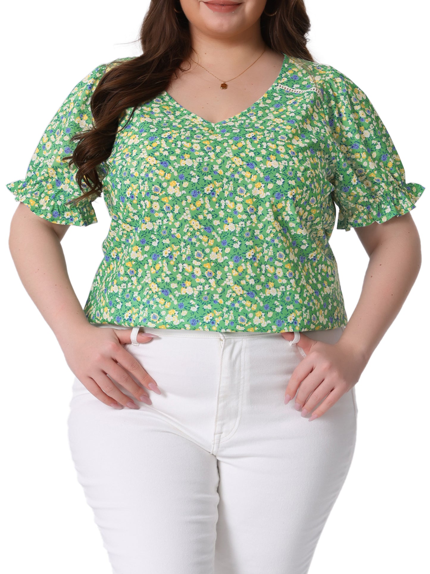 Blusa floral de manga corta con volantes y cuello en V para mujer, talla grande
