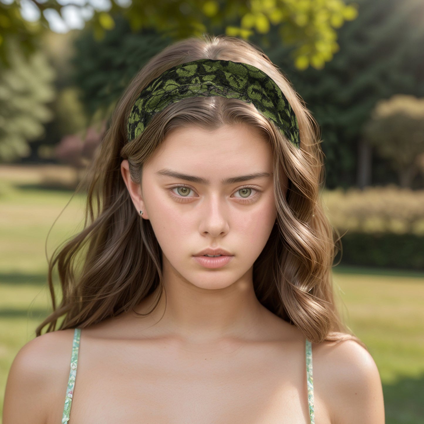 Diadema ancha hueca de encaje para mujer, color verde negruzco, 1 unidad