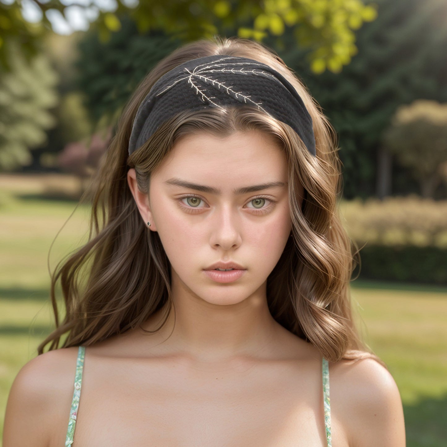Diadema ancha con estampado de hojas para mujer, color negro, 1 unidad