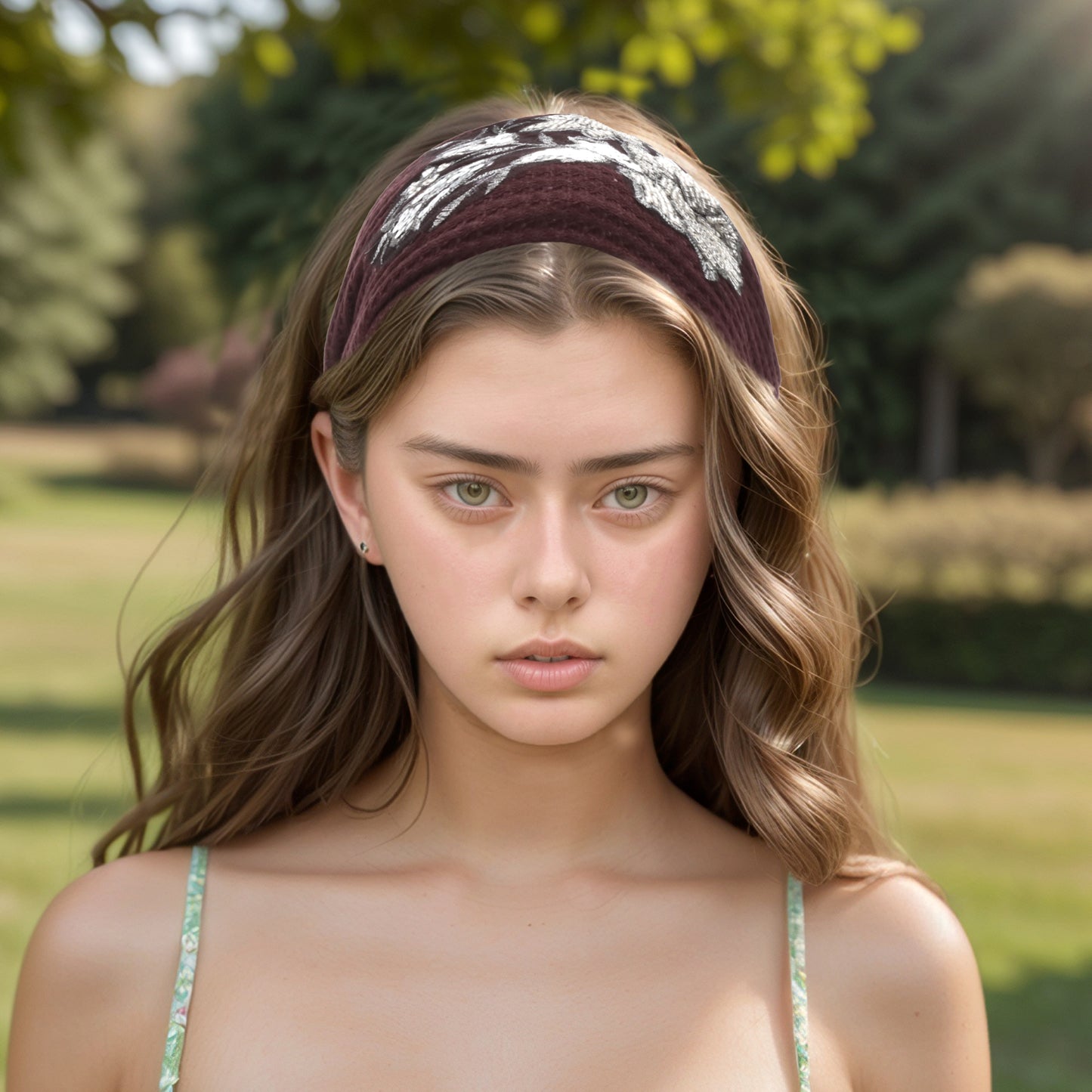 Diadema ancha con estampado de flores de rosa para mujer, tono rojo oscuro y plateado, 1 pieza