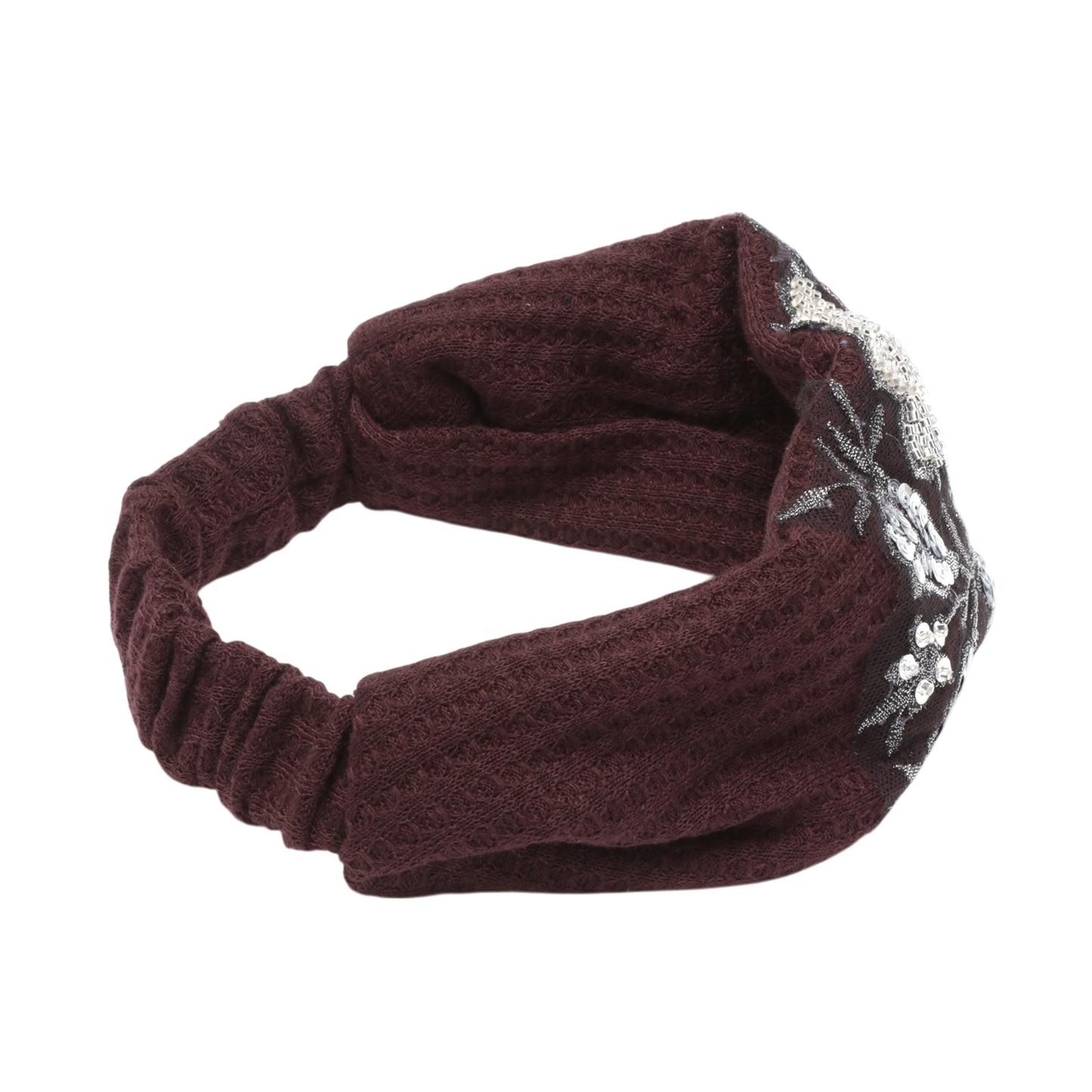 Diadema ancha con estampado de flores de rosa para mujer, tono rojo oscuro y plateado, 1 pieza