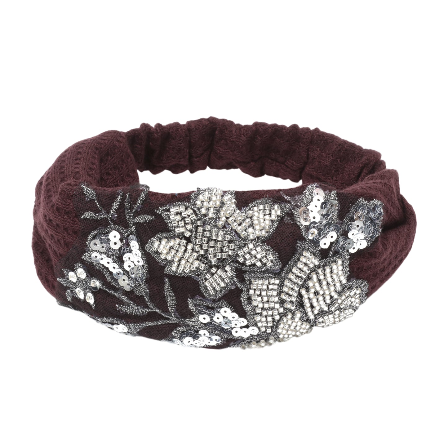 Diadema ancha con estampado de flores de rosa para mujer, tono rojo oscuro y plateado, 1 pieza