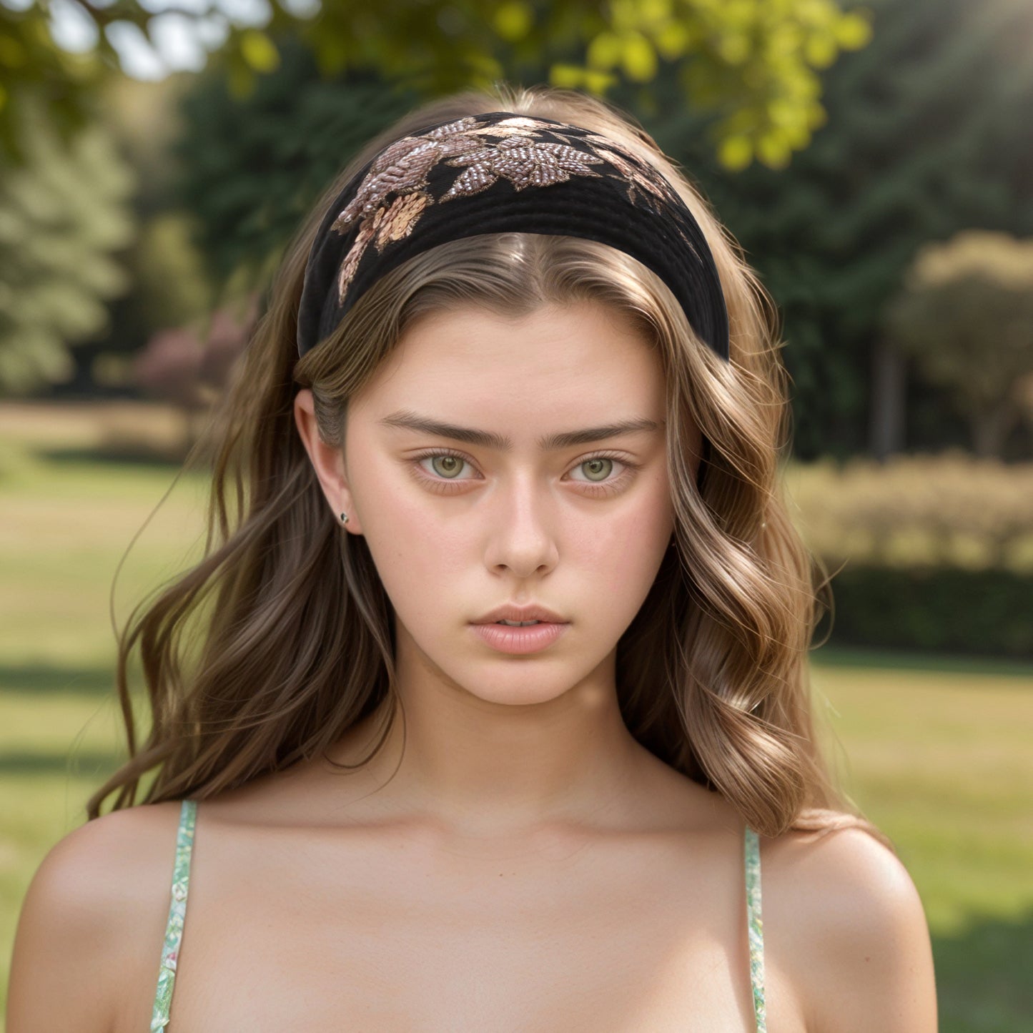 Diadema ancha con estampado de rosas para mujer, tono dorado y negro, 1 pieza