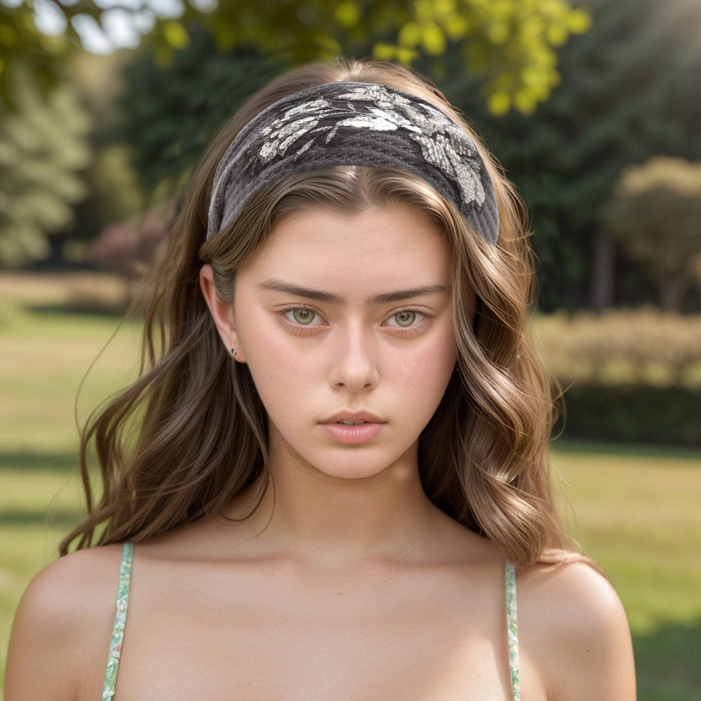 Rose Flower Pattern Wide Headband for Women, Gray Silver Tone 1 Pc