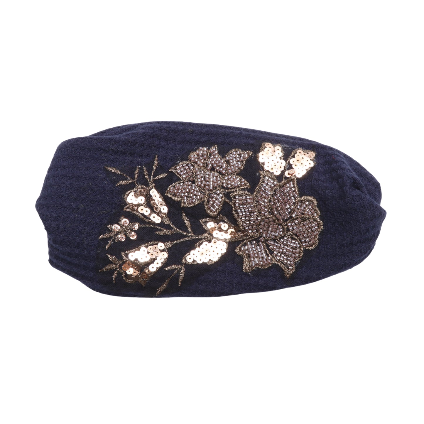 Rose Flower Pattern Wide Headband for Women, Navy Blue Gold Tone 1 Pc
