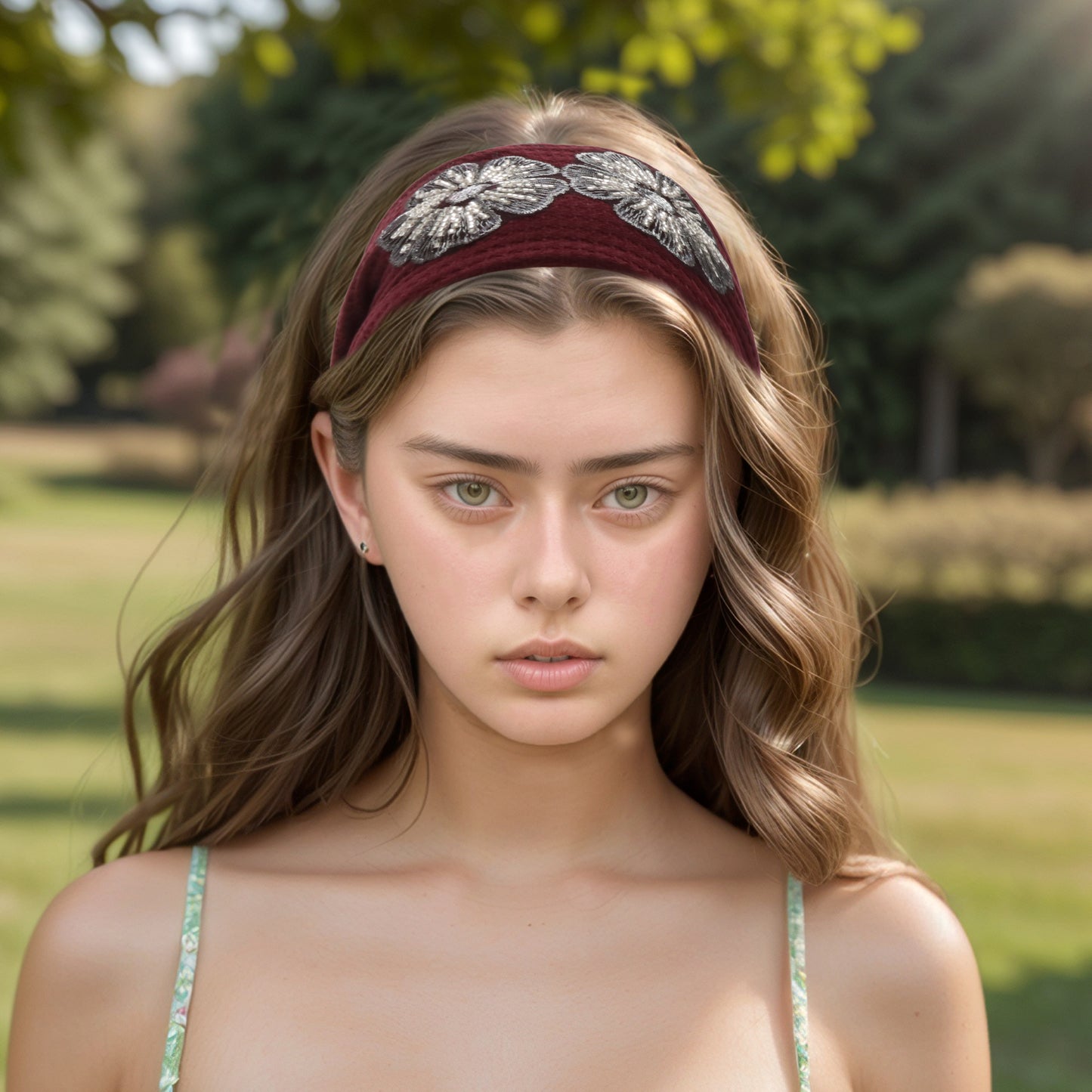Sequin Flower Vintage Wide Headband for Women, Dark Red 1 Pc
