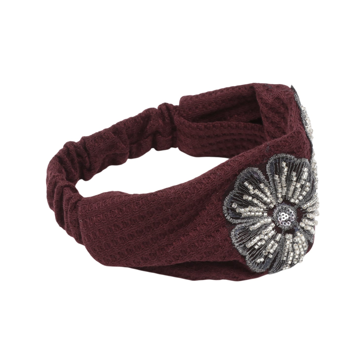 Sequin Flower Vintage Wide Headband for Women, Dark Red 1 Pc