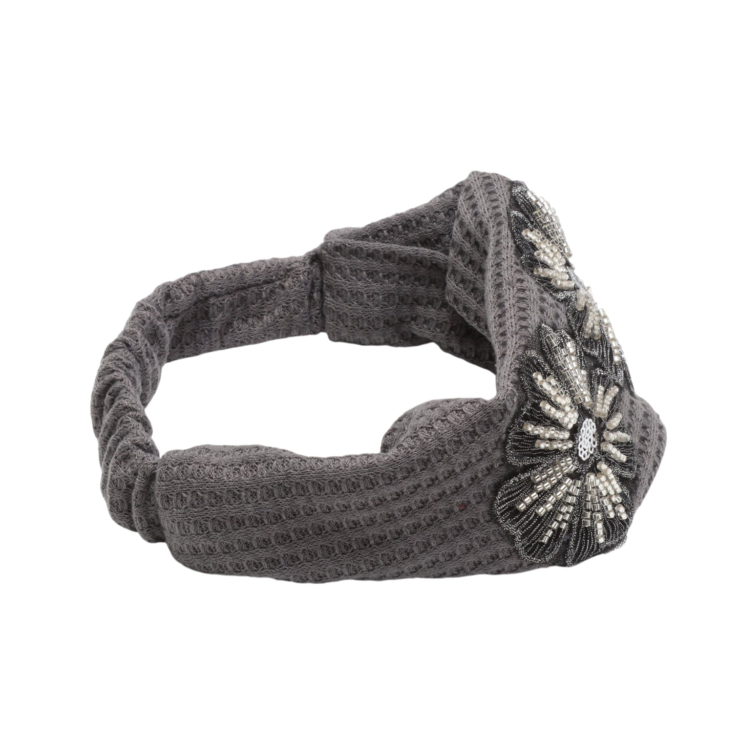 Diadema ancha vintage con flores de lentejuelas para mujer, tono gris plateado, 1 pieza