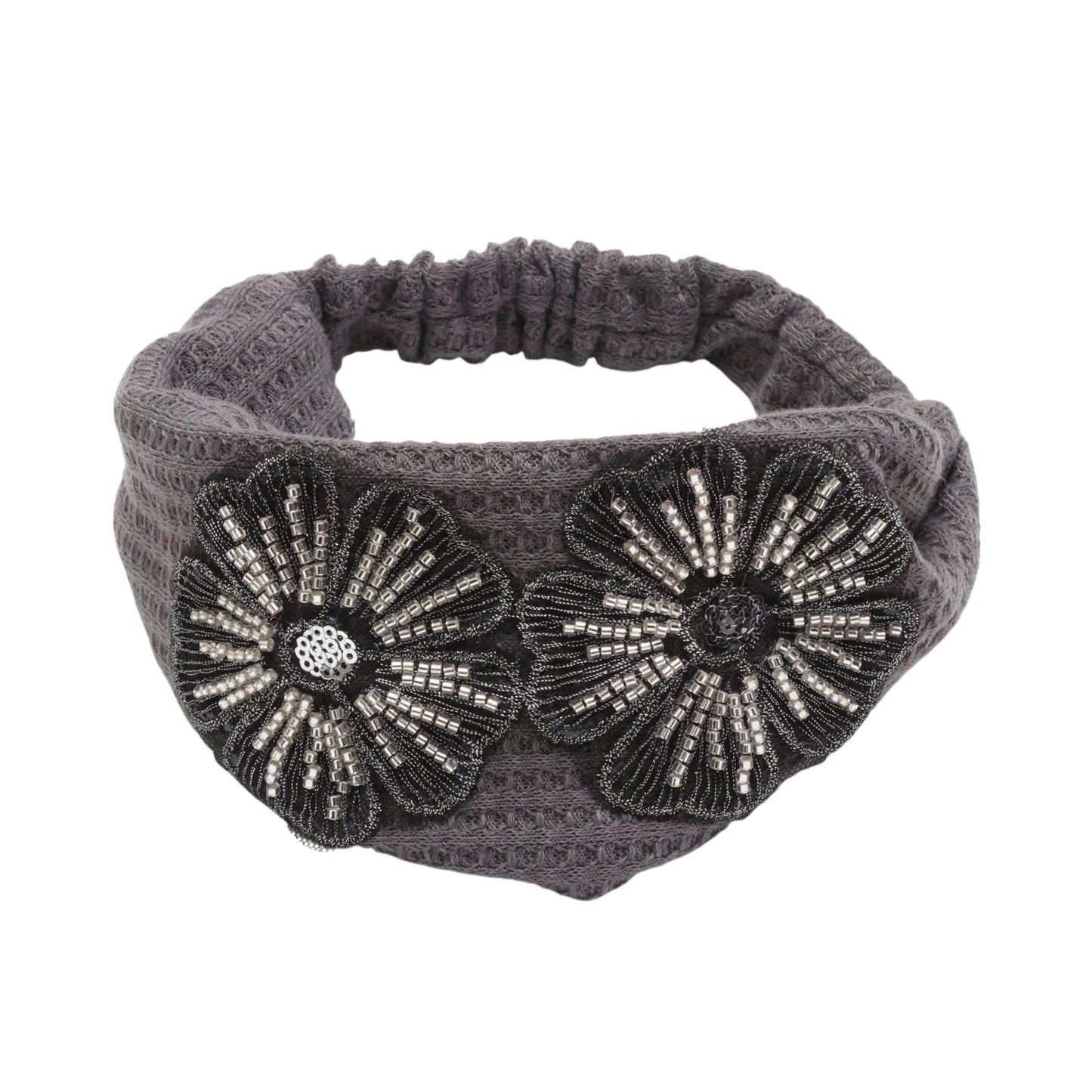 Diadema ancha vintage con flores de lentejuelas para mujer, tono gris plateado, 1 pieza