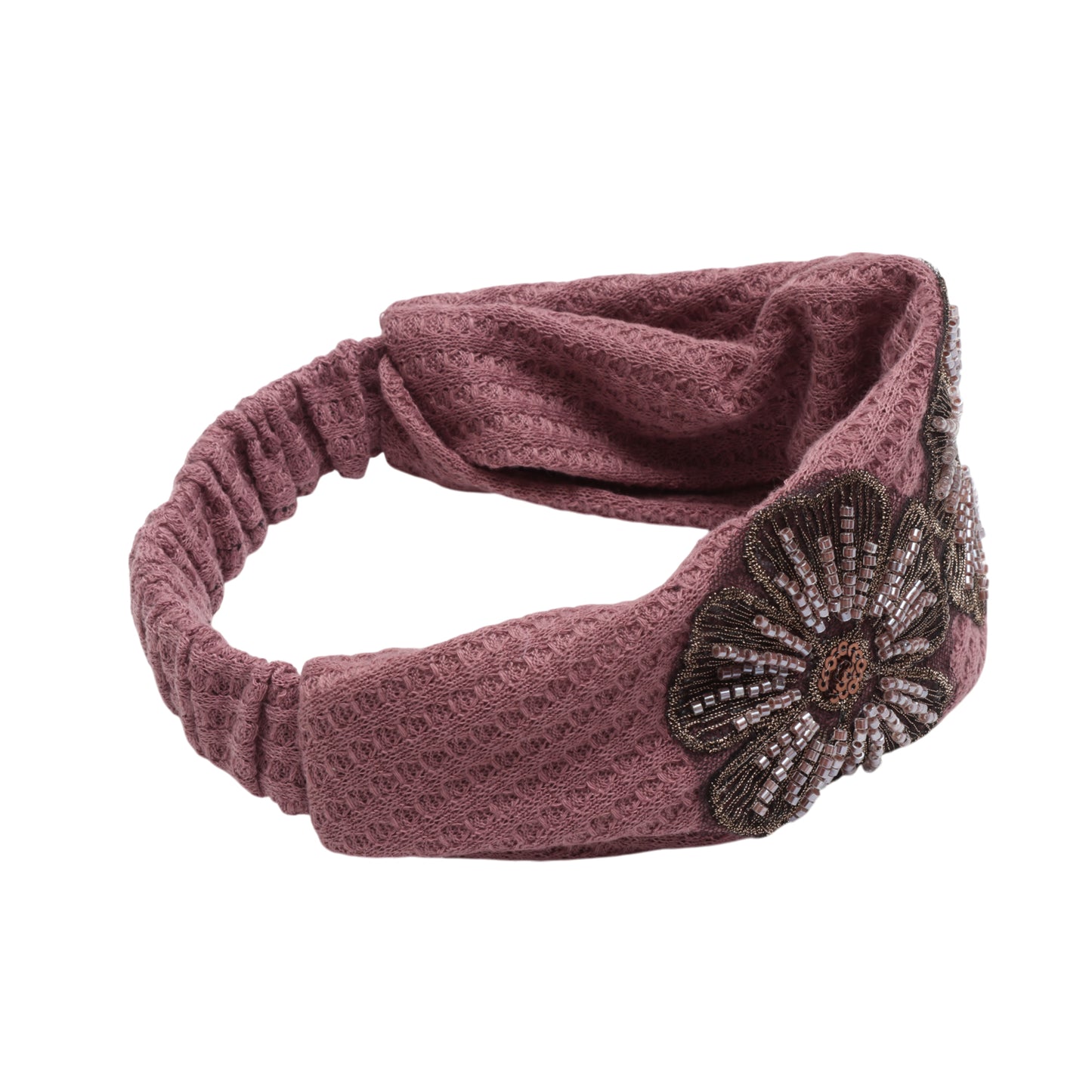 Diadema ancha vintage con flores de lentejuelas para mujer, color rosa camafeo, 1 pieza