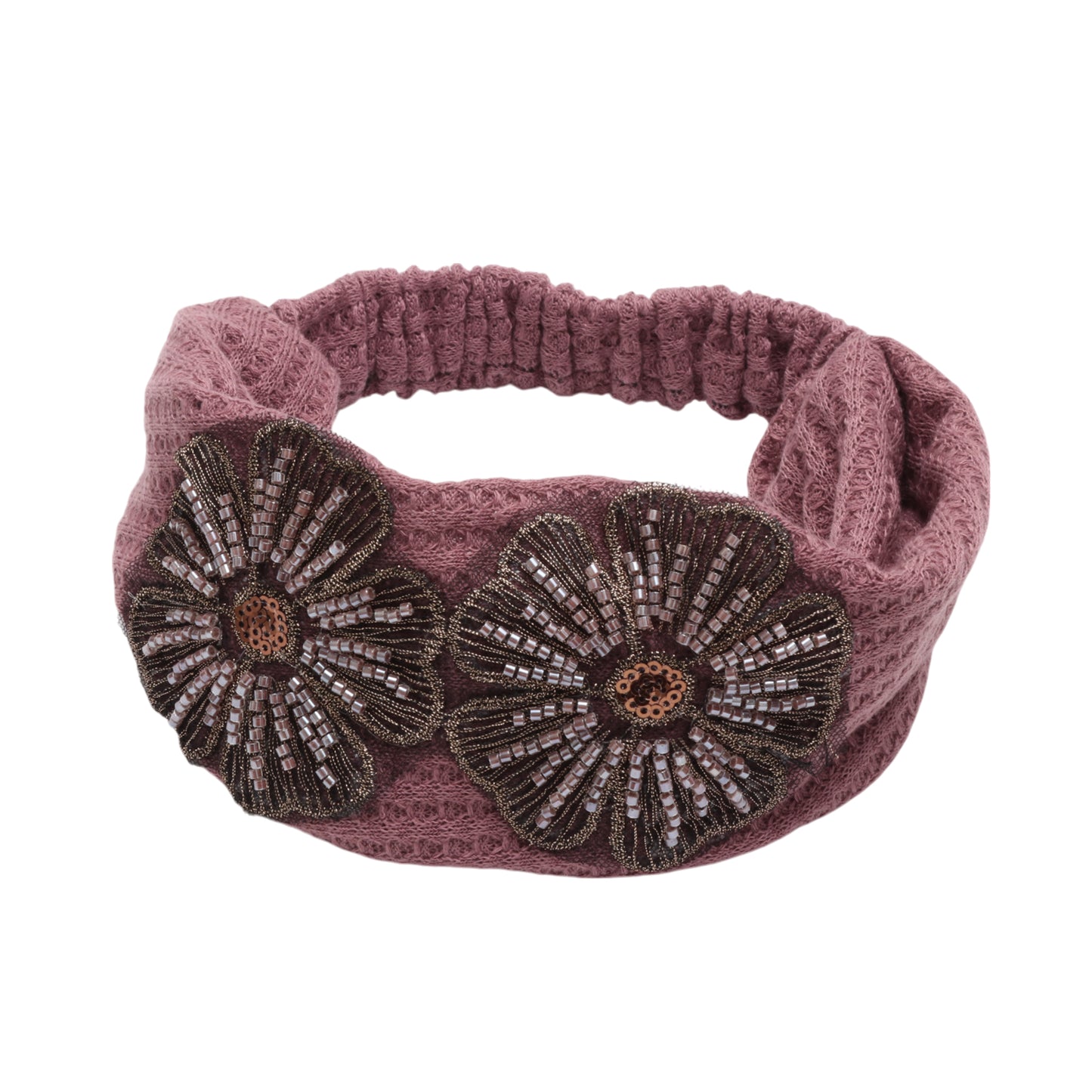 Diadema ancha vintage con flores de lentejuelas para mujer, color rosa camafeo, 1 pieza