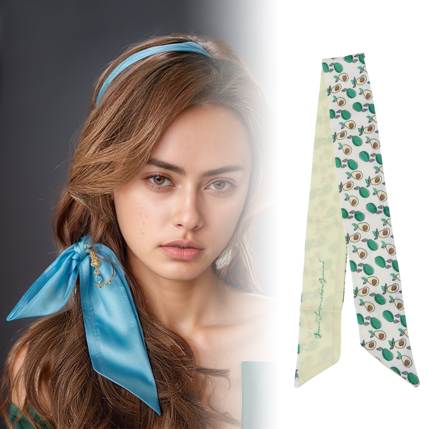 Fruit Print Long Ribbon Headband for Women Green 1 Pc
